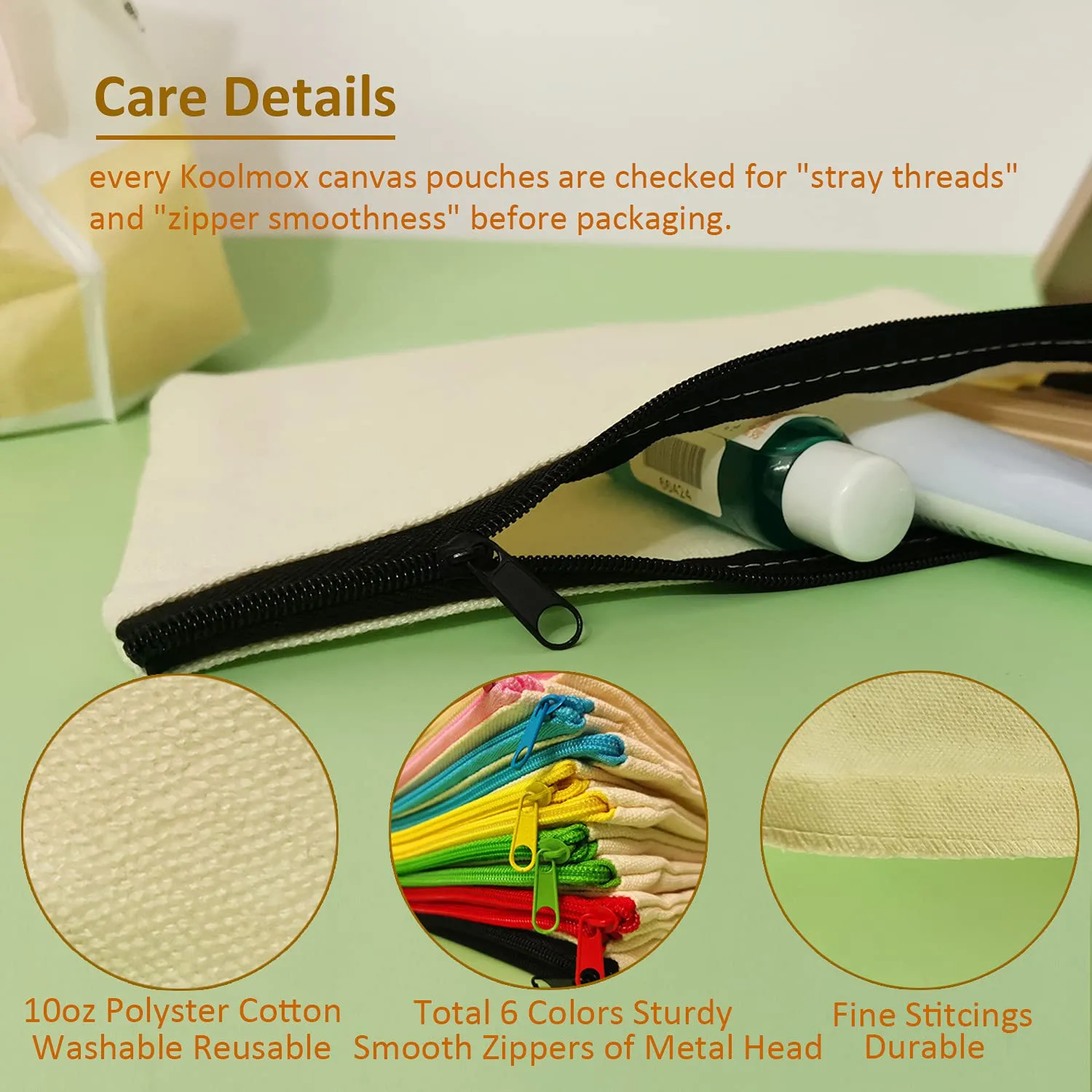 Koolmox Makeup Bags, 12 Canvas Pencil Case, Cotton Canvas Toiletry Pouch, Bulk Plain Cosmetic Bags for Women Vinyl Projects Crafts, 8x5'' Beige With Zippers of 10 Colors