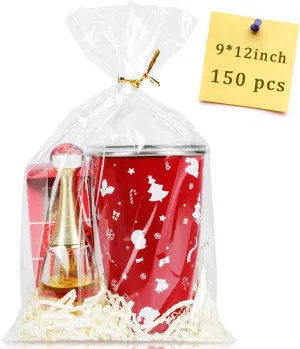 Labeol 150pcs Cellophane Treat Bags 9x12 with Ties - Clear Gift, Candy, Cookie Packaging for Parties, Favor, Easter