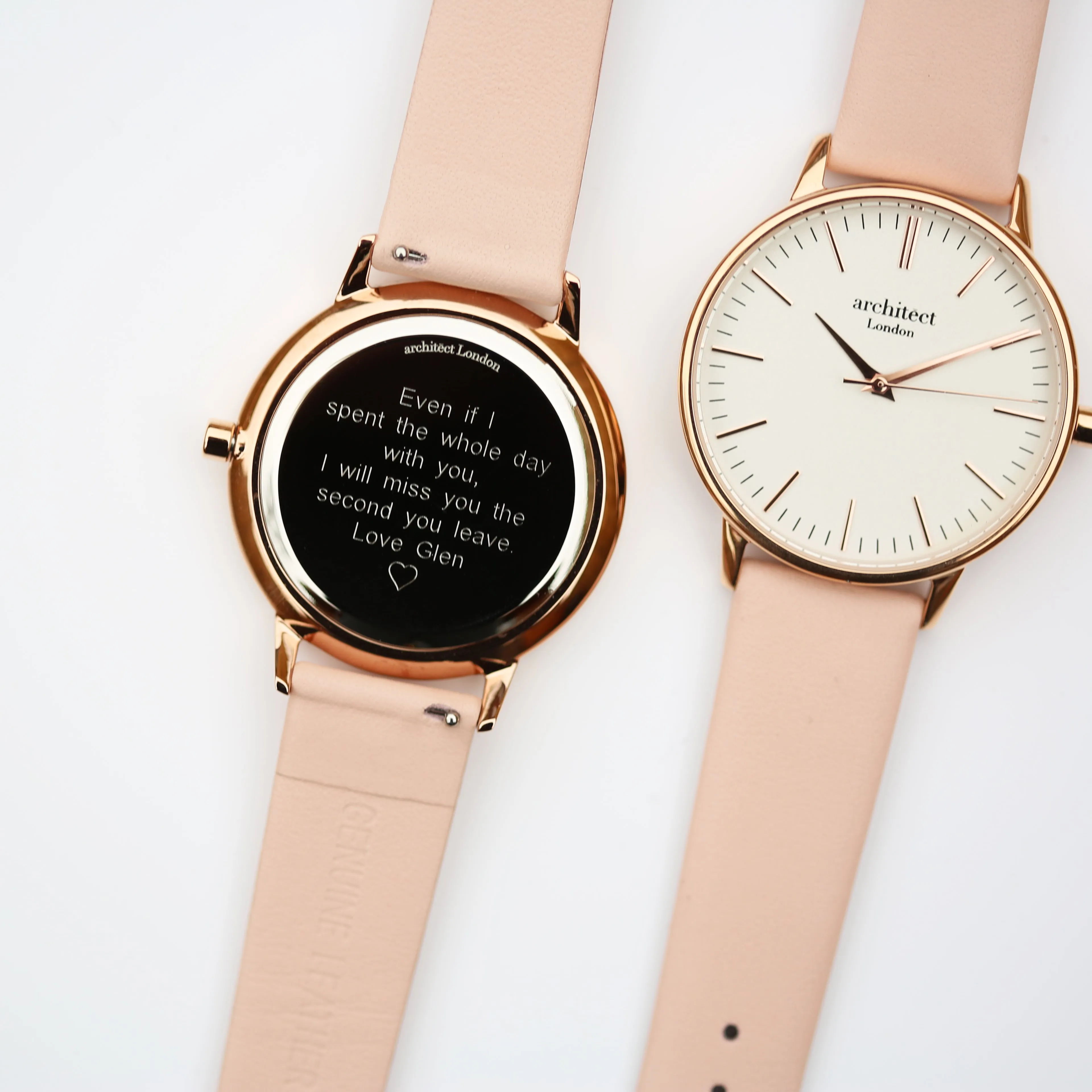 Ladies Archiect Blanc - Modern Font Engraving, Light Pink Strap