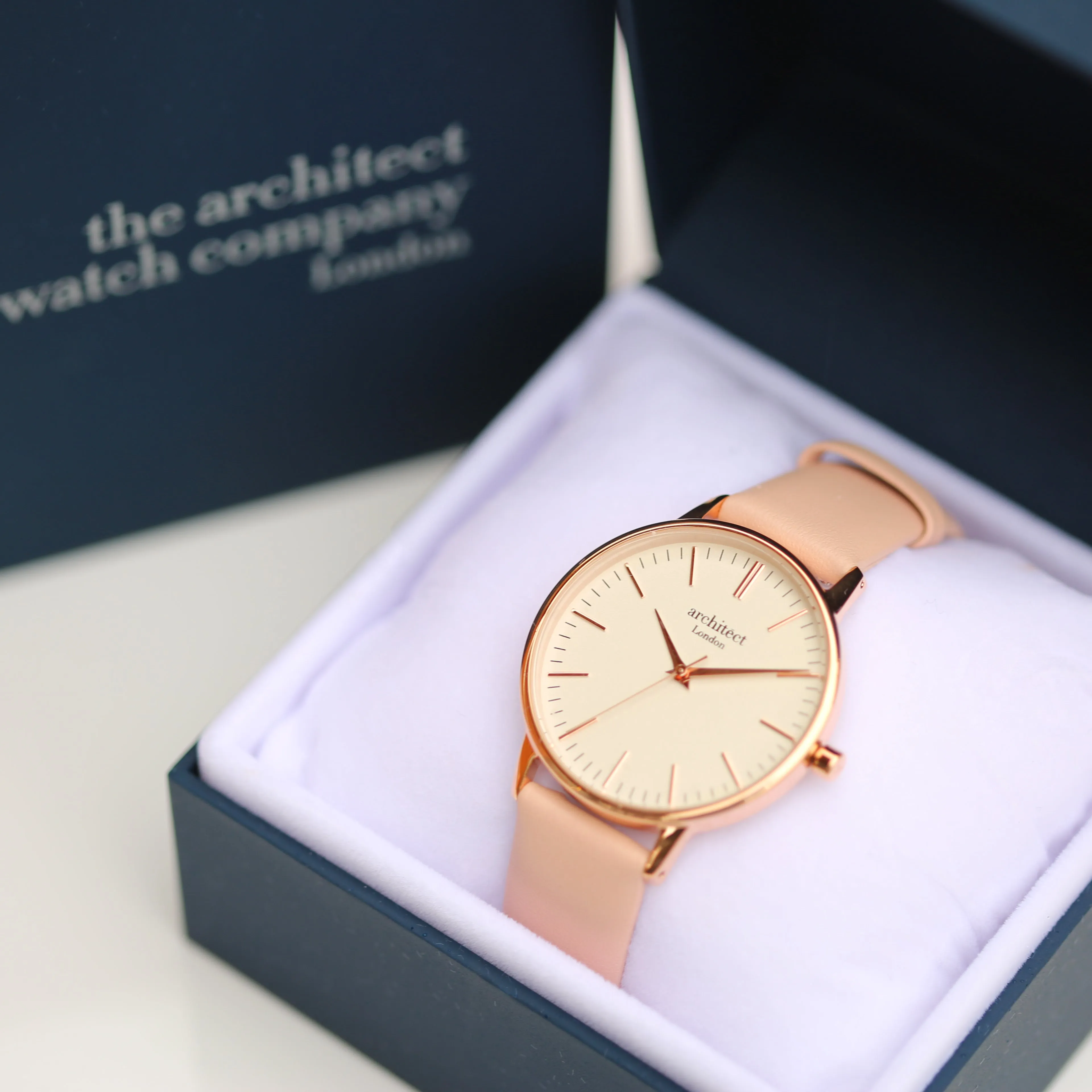 Ladies Archiect Blanc - Modern Font Engraving, Light Pink Strap