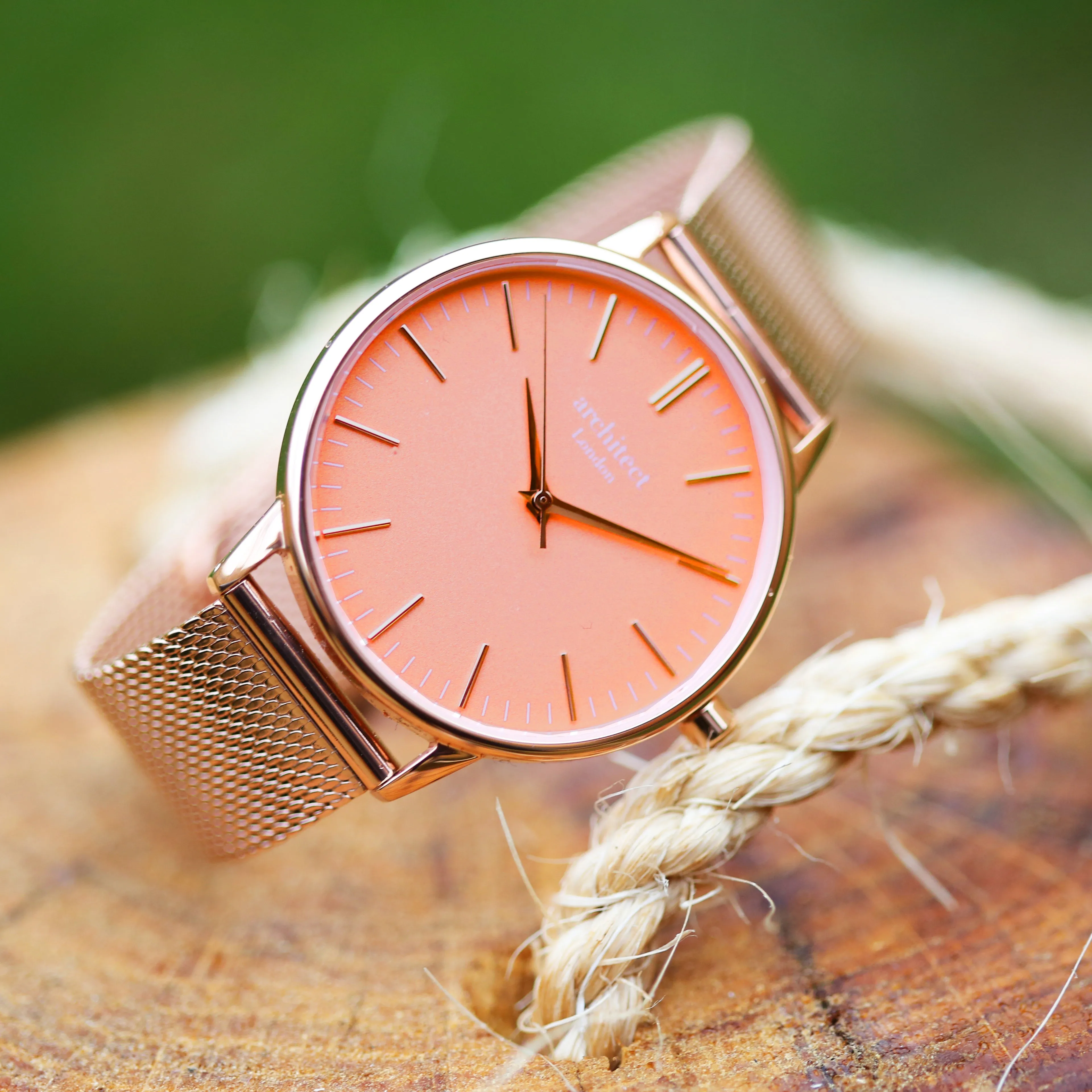 Ladies Archiect Coral - Handwriting Engraving, Rose Gold Mesh Strap