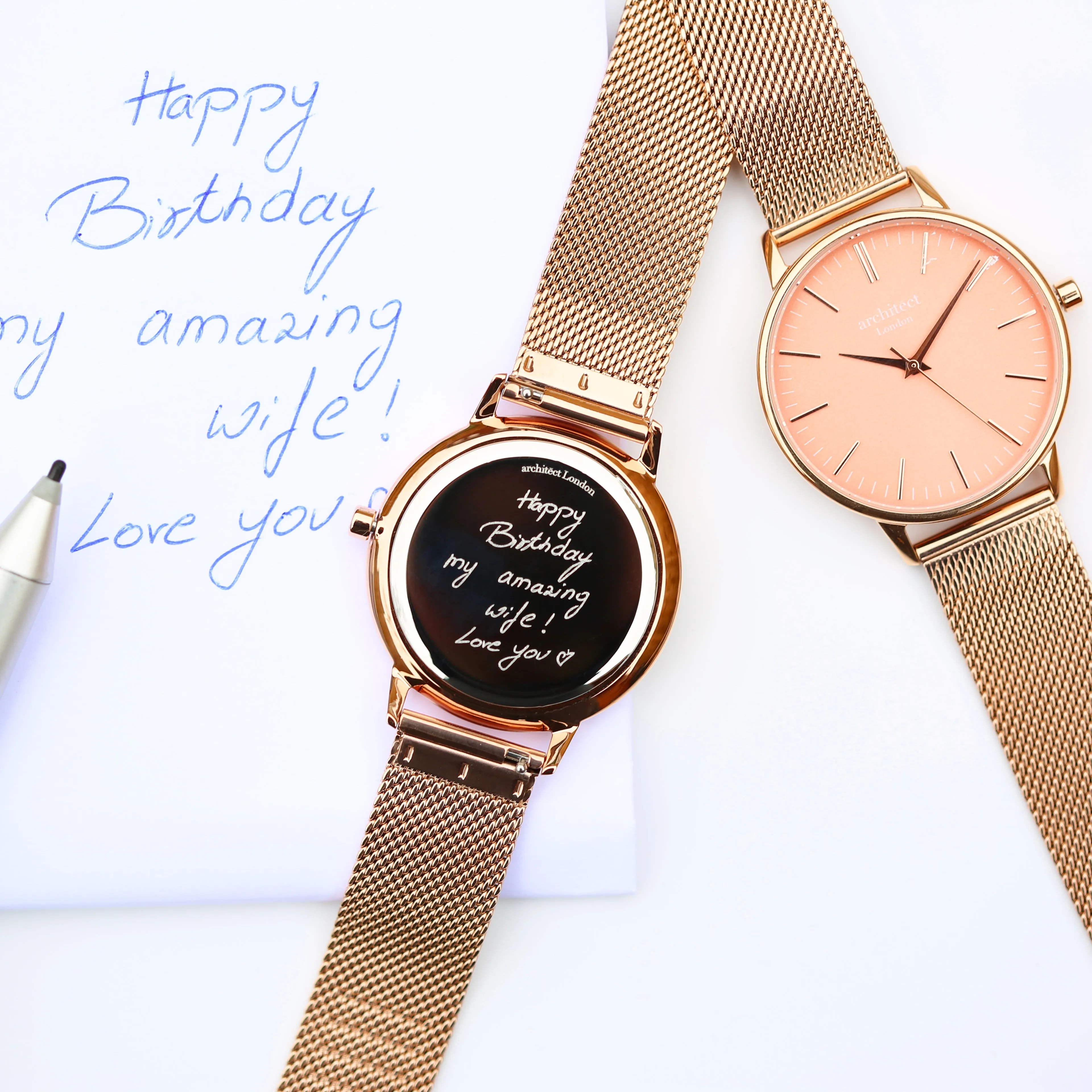 Ladies Archiect Coral - Handwriting Engraving, Rose Gold Mesh Strap