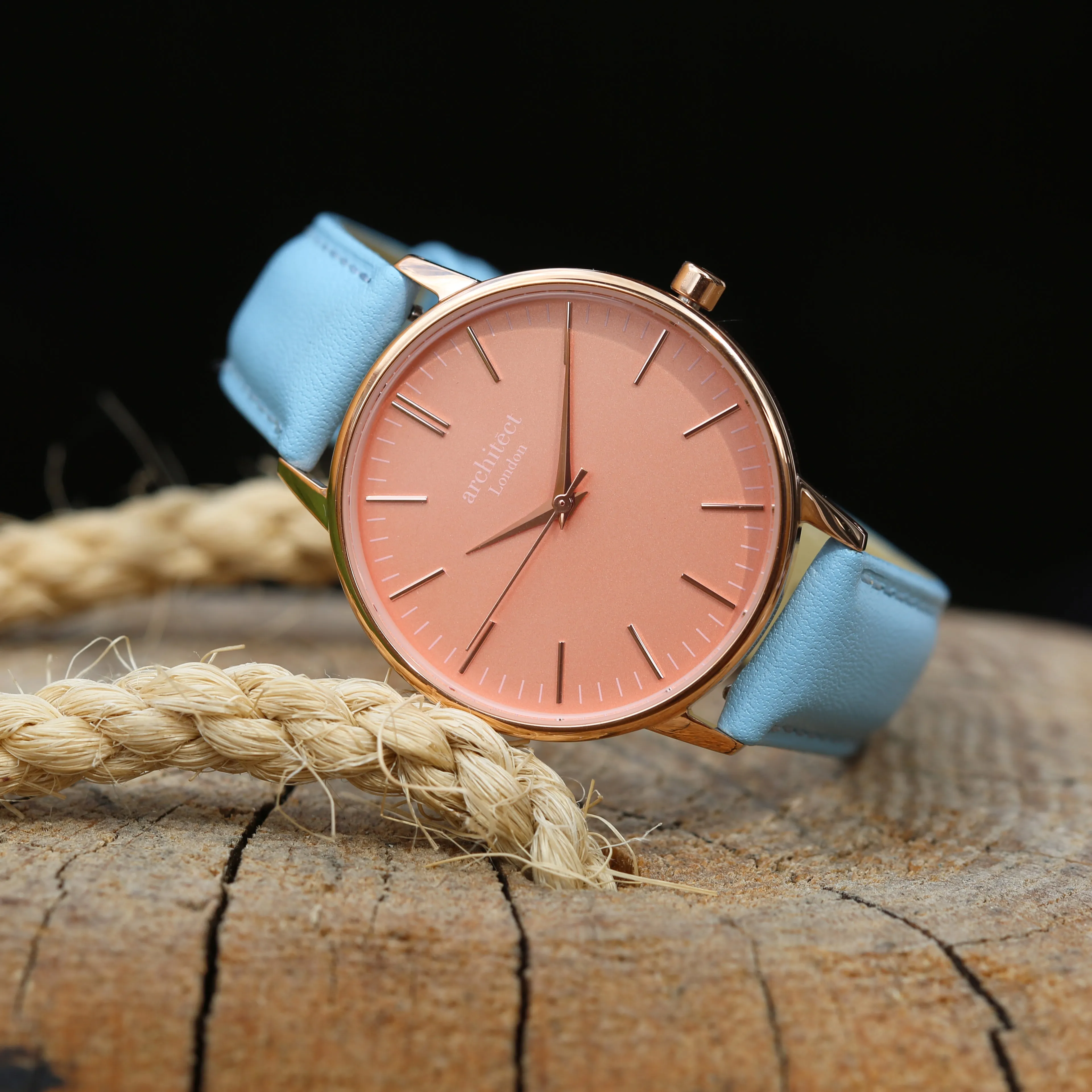 Ladies Archiect Coral - Modern Font Engraving, Light Blue Strap