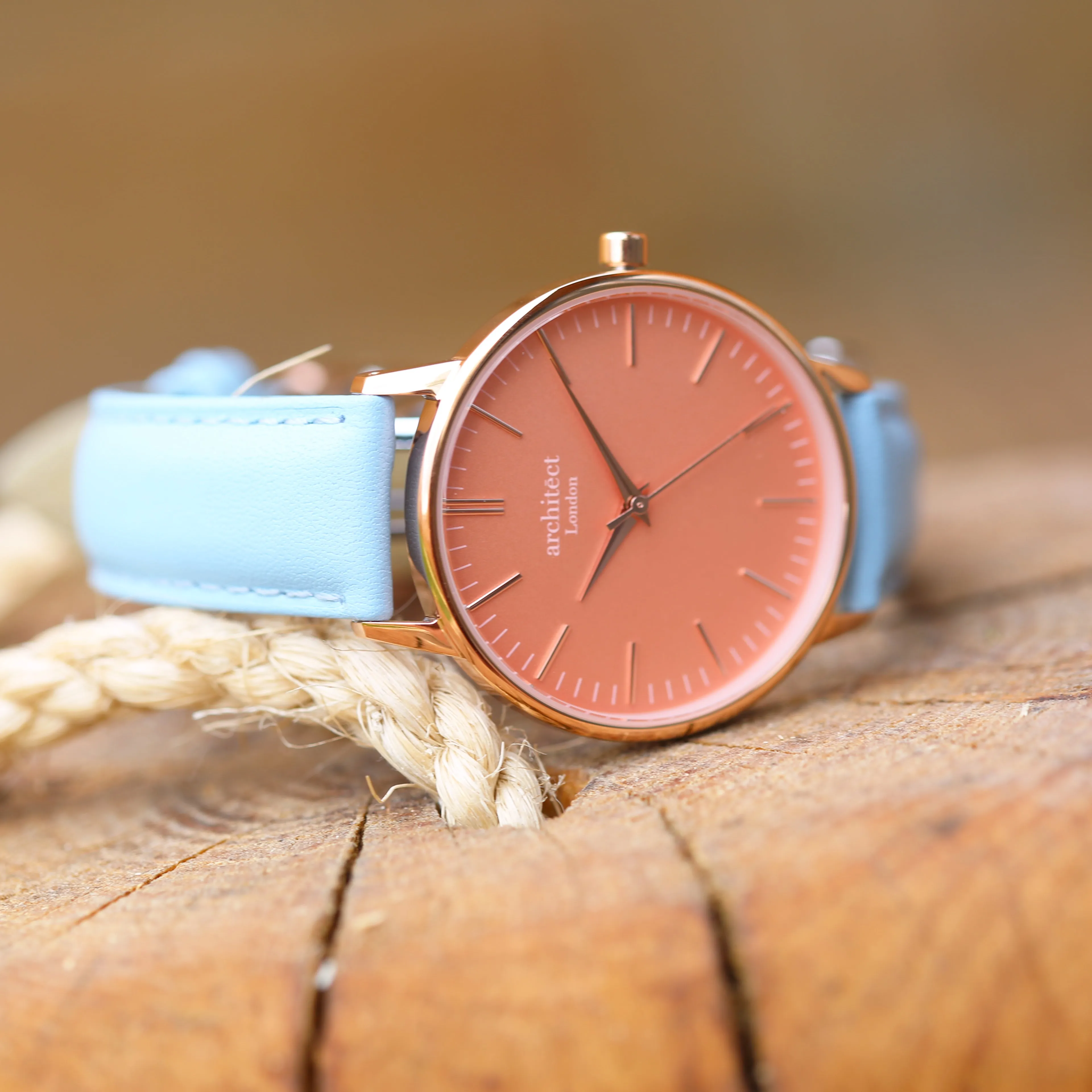 Ladies Archiect Coral - Modern Font Engraving, Light Blue Strap