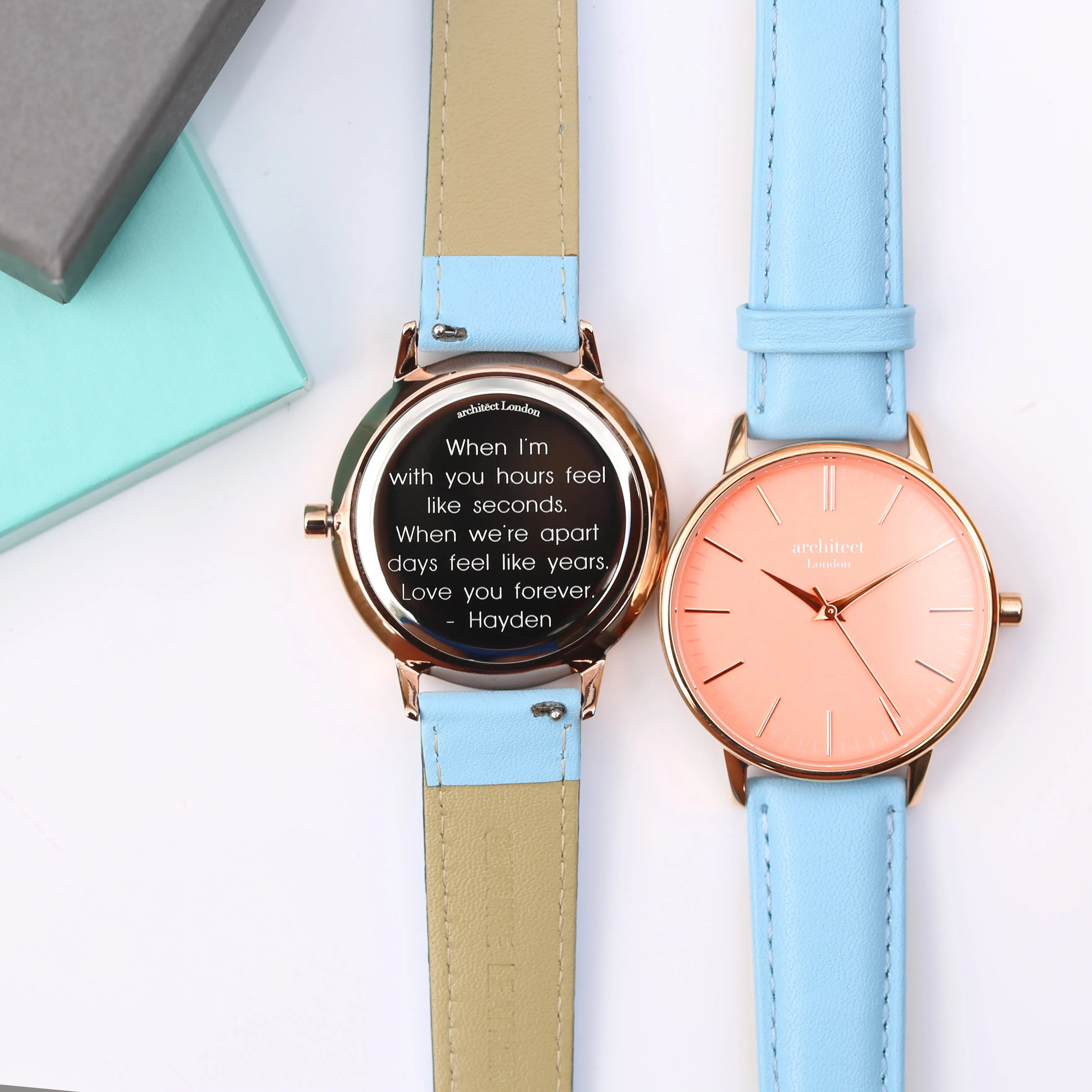 Ladies Archiect Coral - Modern Font Engraving, Light Blue Strap