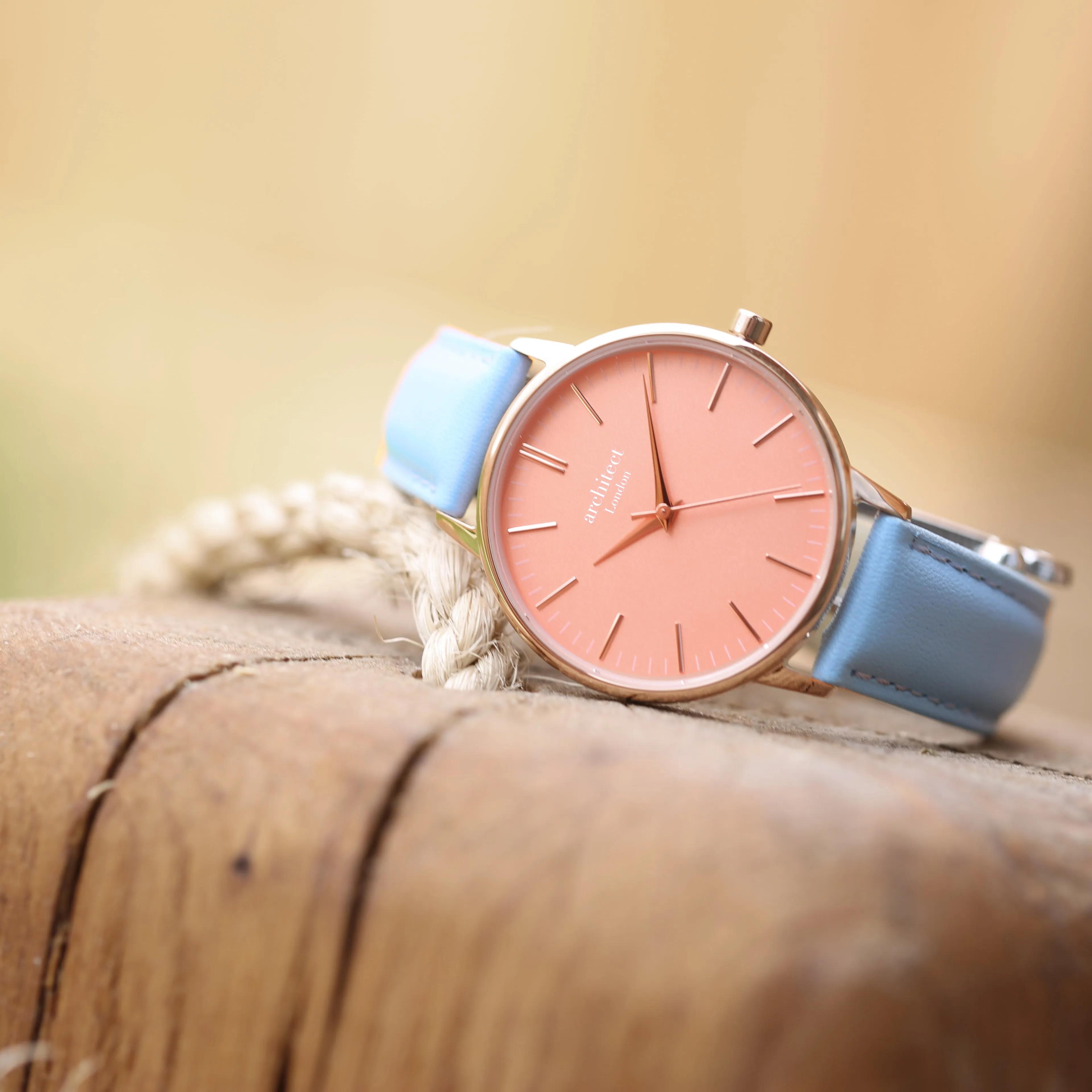 Ladies Archiect Coral - Modern Font Engraving, Light Blue Strap