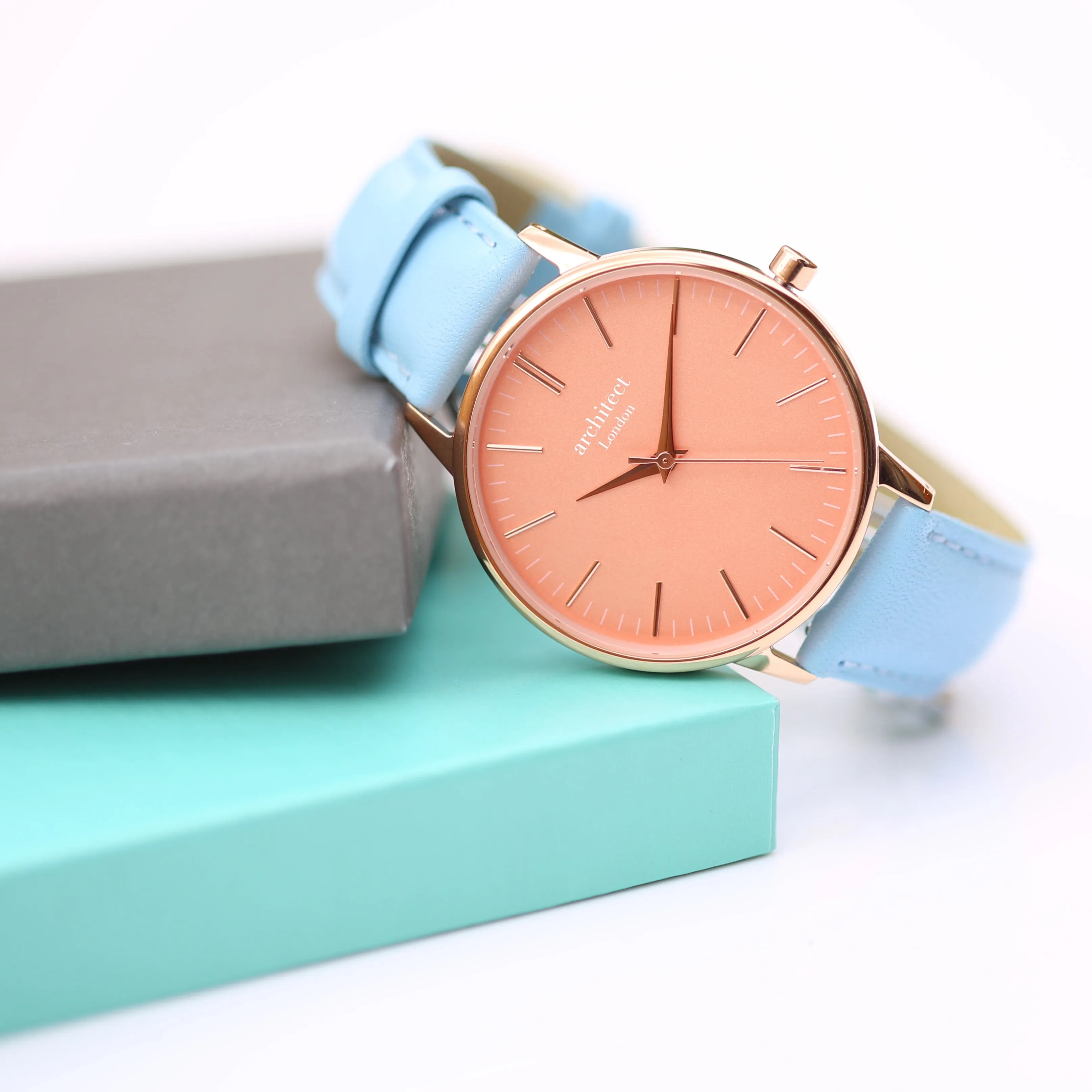 Ladies Archiect Coral - Modern Font Engraving, Light Blue Strap