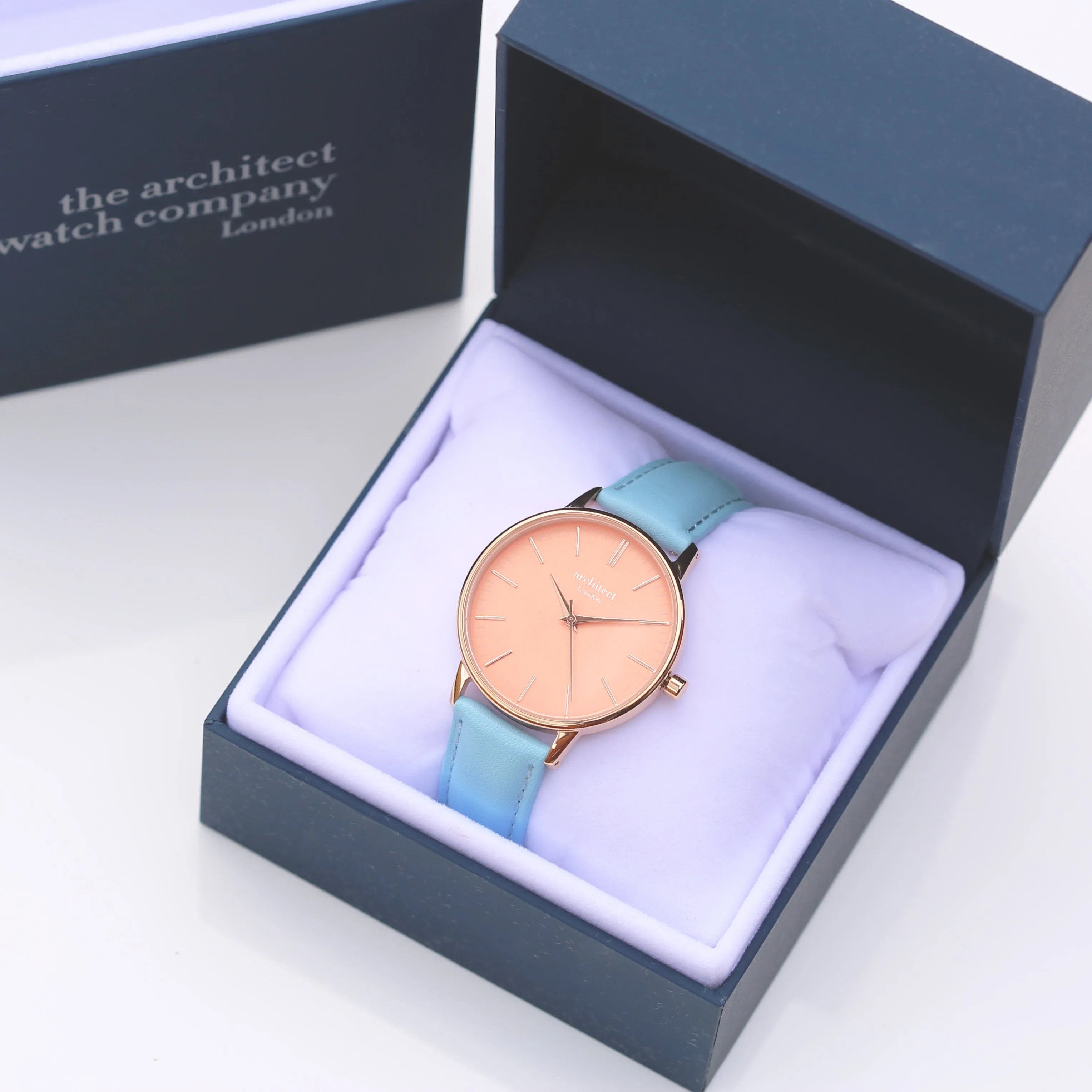 Ladies Archiect Coral - Modern Font Engraving, Light Blue Strap