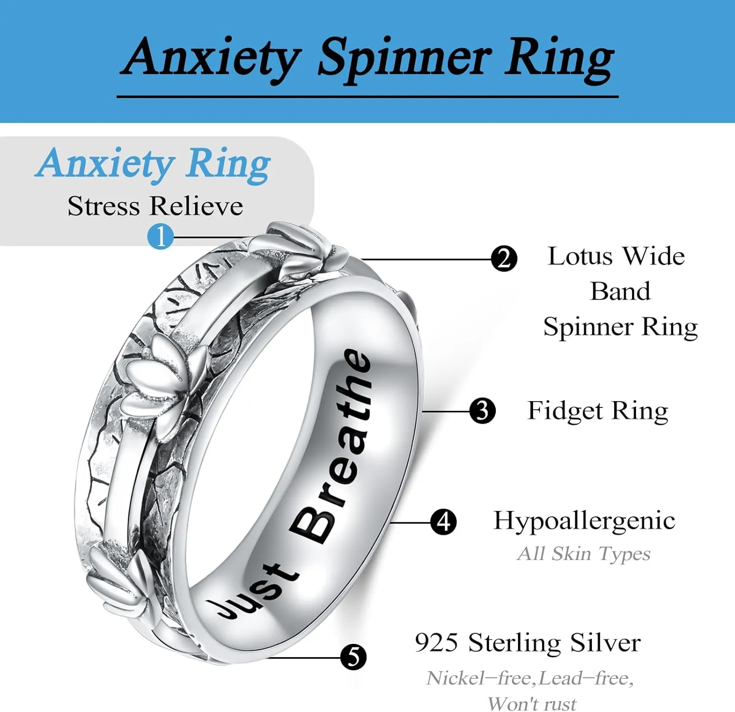 Ladytree Anxiety Relieve Rings 925 Sterling Silver Spinner Fidget Ring Worry Stress Relieving Boredom ADHD Autism Ring Platinum Plated Jewelry Birthday Gifts for Women Men