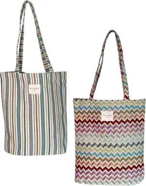Large Tote Bag Set  2-Pack Patterned BeachTote Bags for Women  Boho Stripes & Colorful Chevron  Beach Tote, Work Bag, Travel Tote, Packable Large Bag  Made in Barcelona