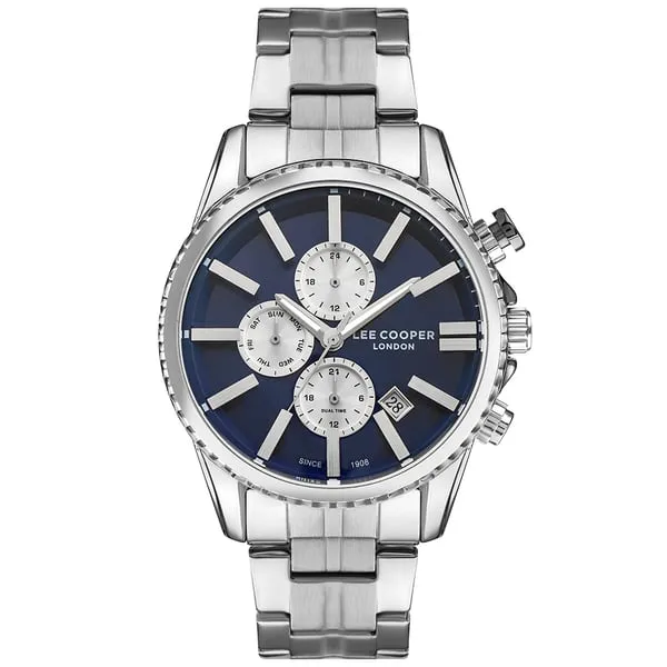 Lee Cooper Men's Watch Multi Function, Analog, Navy Blue Dial, Silver Stainless Steel Strap, LC07397.390