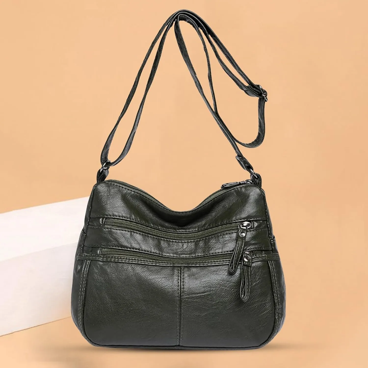 Lightweight Pocketbook Fashion Casual Women's Retro Soft Leather Zipper Double Pocket Shoulder Messenger Bag