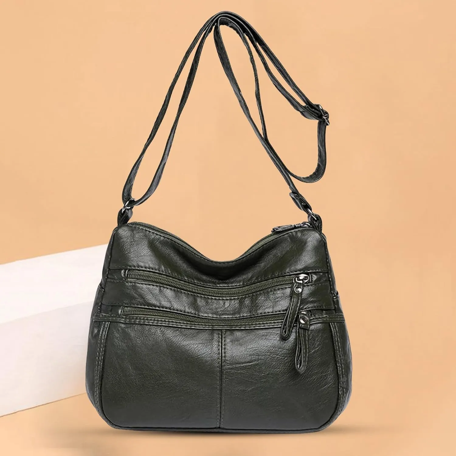 Lightweight Pocketbook Fashion Casual Women's Retro Soft Leather Zipper Double Pocket Shoulder Messenger Bag