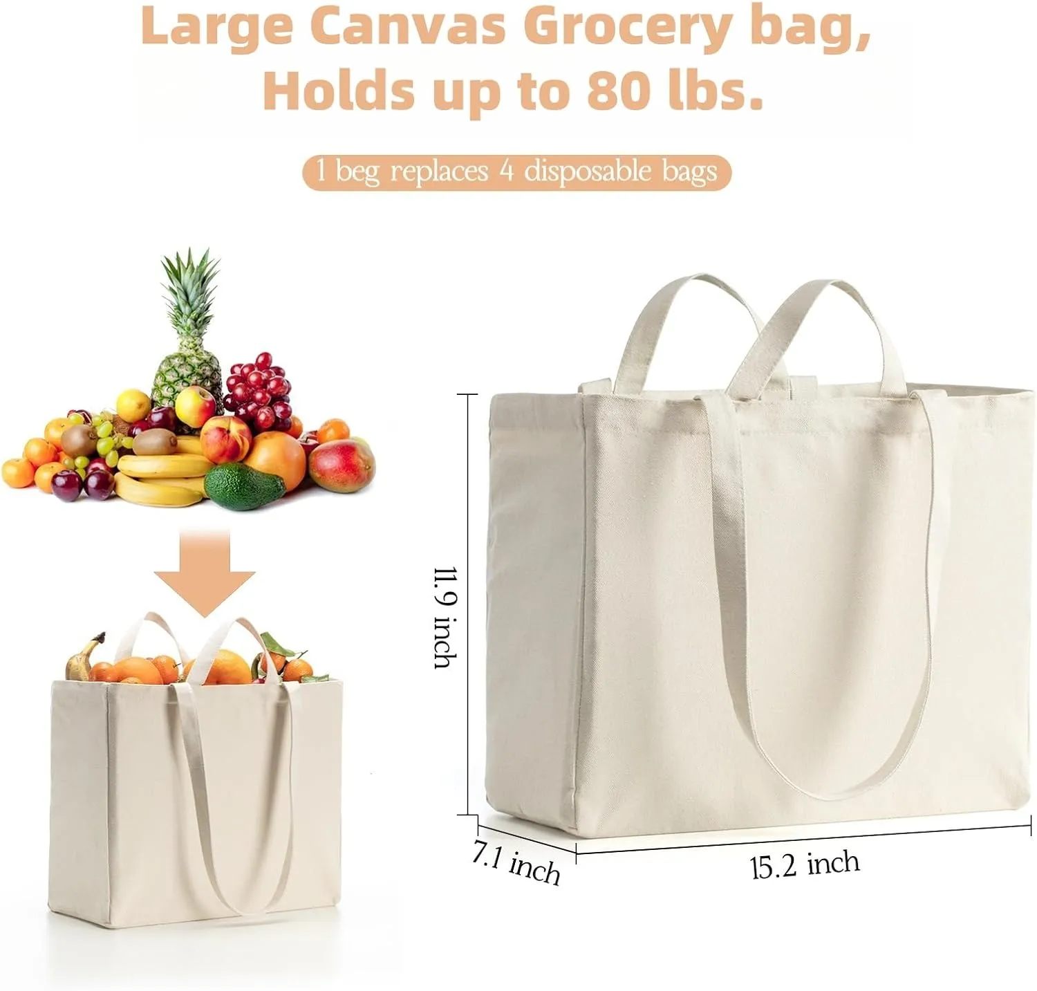 LINICE Reusable Grocery Bags Shopping Bags for Groceries Foldable Heavy Duty Canvas Tote Bag Washable Canvas Bag with Handles (6 Pack)