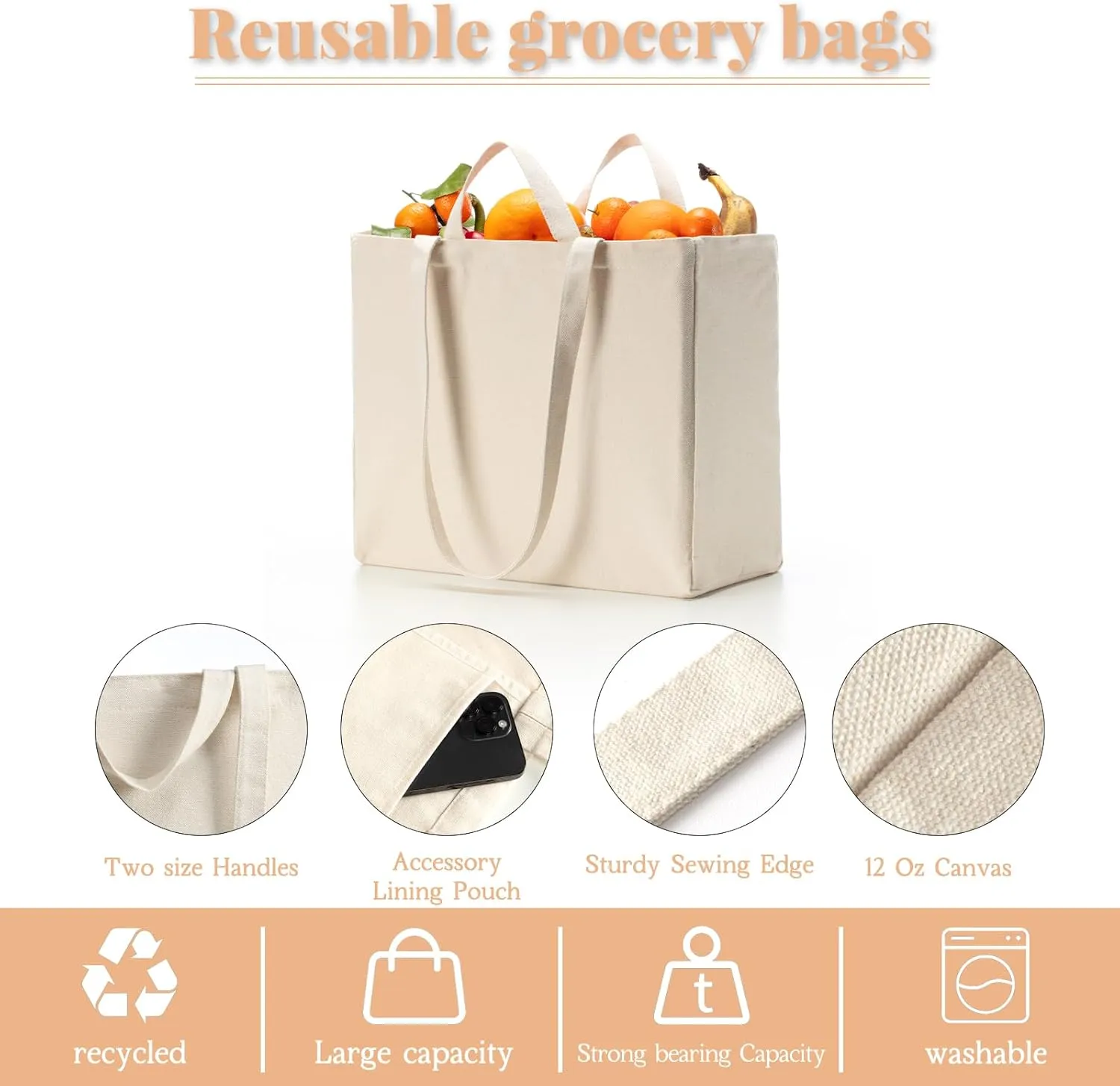 LINICE Reusable Grocery Bags Shopping Bags for Groceries Foldable Heavy Duty Canvas Tote Bag Washable Canvas Bag with Handles (6 Pack)