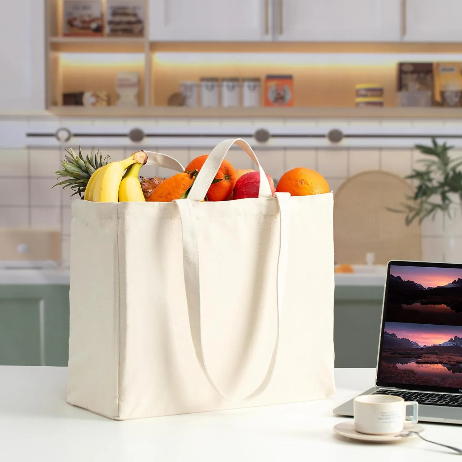 LINICE Reusable Grocery Bags Shopping Bags for Groceries Foldable Heavy Duty Canvas Tote Bag Washable Canvas Bag with Handles (6 Pack)