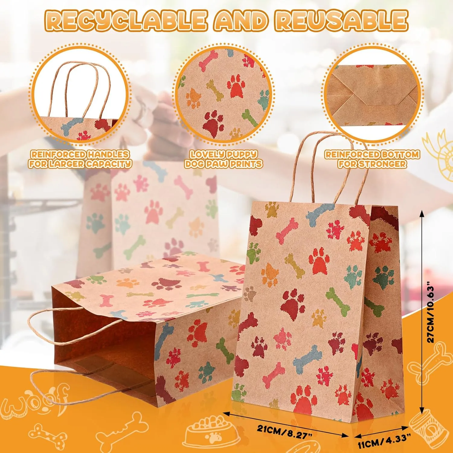 Locmeo 50 Pcs Puppy Dog Paw Print Gift Bags with Handles - 10.6 x 8.3 x 4.3 Inch Kraft Paper Bags for Pet Treat Party Favor Birthday Gift (Yellow)