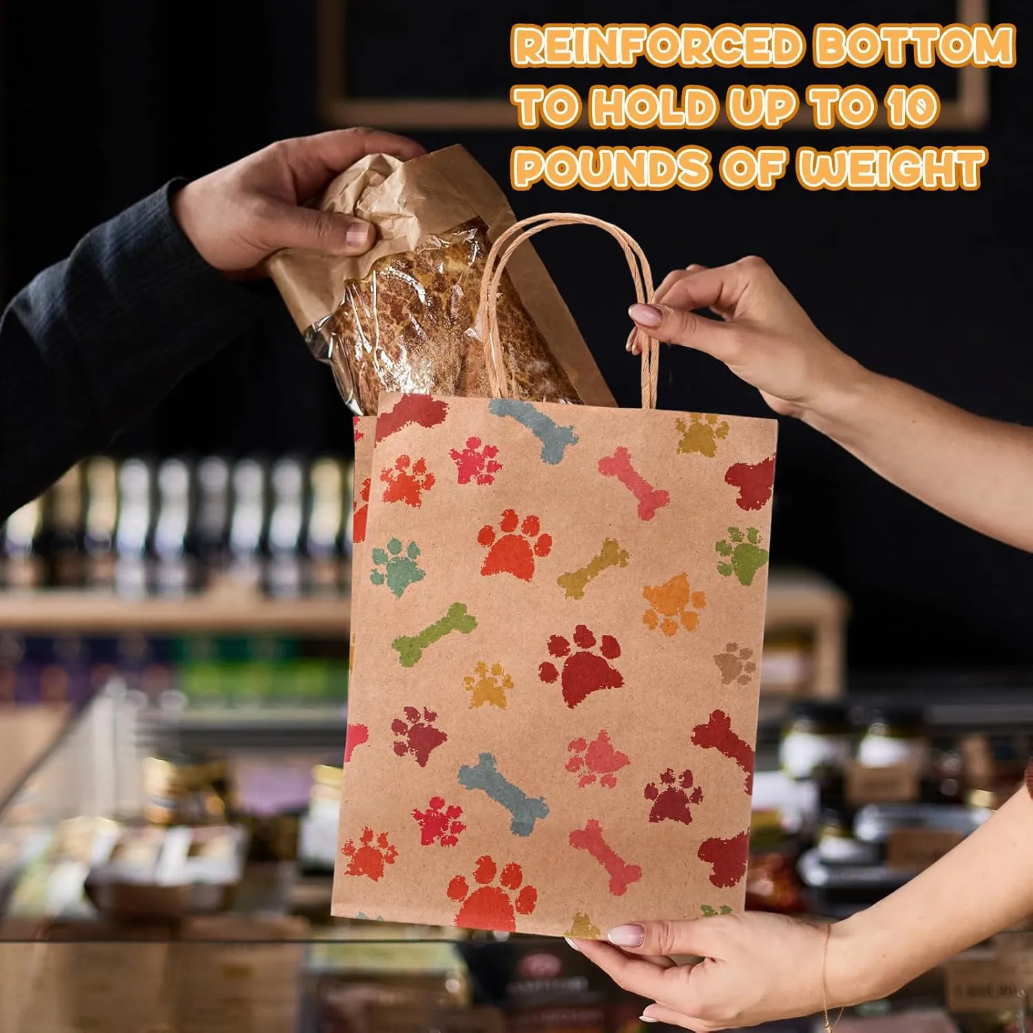 Locmeo 50 Pcs Puppy Dog Paw Print Gift Bags with Handles - 10.6 x 8.3 x 4.3 Inch Kraft Paper Bags for Pet Treat Party Favor Birthday Gift (Yellow)