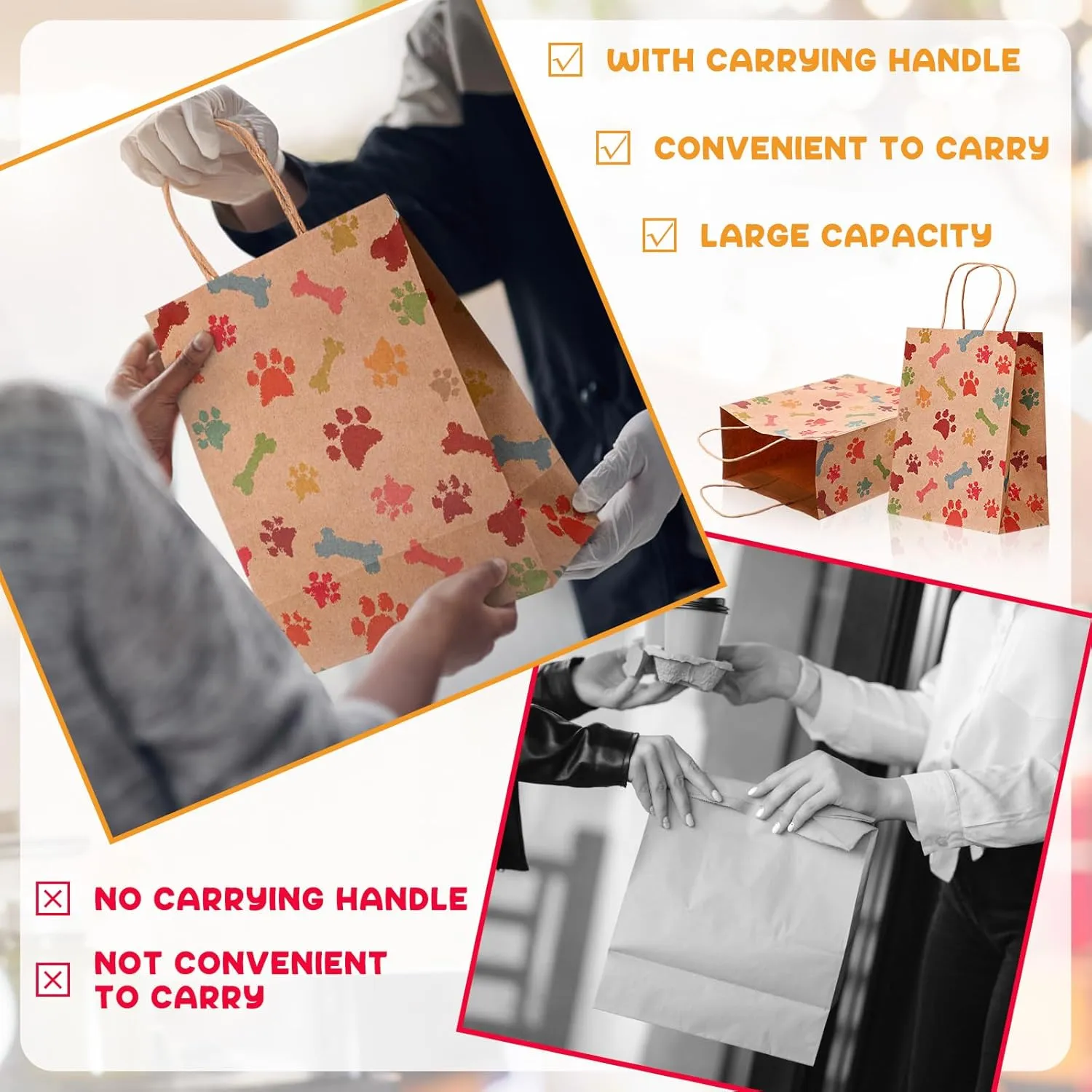 Locmeo 50 Pcs Puppy Dog Paw Print Gift Bags with Handles - 10.6 x 8.3 x 4.3 Inch Kraft Paper Bags for Pet Treat Party Favor Birthday Gift (Yellow)