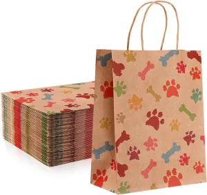 Locmeo 50 Pcs Puppy Dog Paw Print Gift Bags with Handles - 10.6 x 8.3 x 4.3 Inch Kraft Paper Bags for Pet Treat Party Favor Birthday Gift (Yellow)