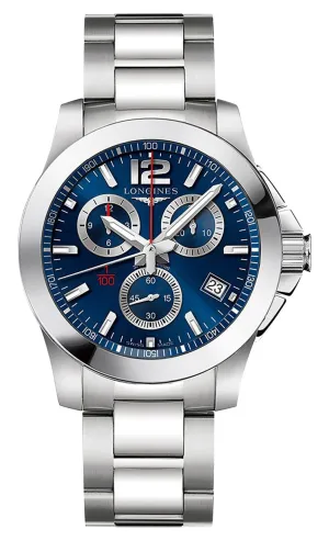 Longines Conquest Chronograph Stainless Steel Blue Dial Date Divers Quartz Mens Watch L3.700.4.96.6