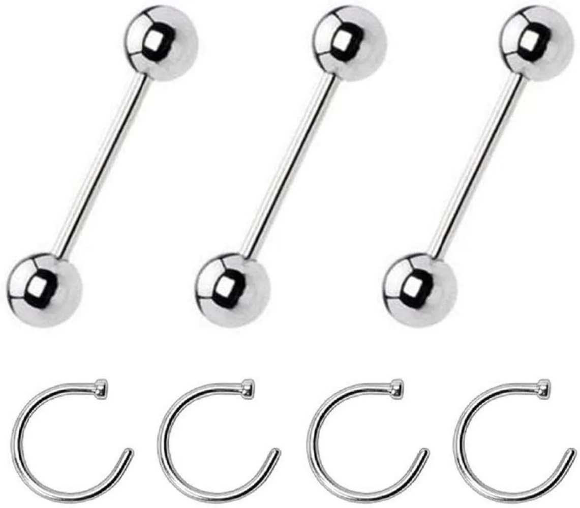 Lot of 7pcs Mix (4pcs) Nose Hoop Rings 20Gauge 5/16" 8mm Length and (3pcs) Tongue Barbell Rings 14G, 5/8" mm Length, 5mm Balls