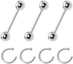 Lot of 7pcs Mix (4pcs) Nose Hoop Rings 20Gauge 5/16" 8mm Length and (3pcs) Tongue Barbell Rings 14G, 5/8" mm Length, 5mm Balls