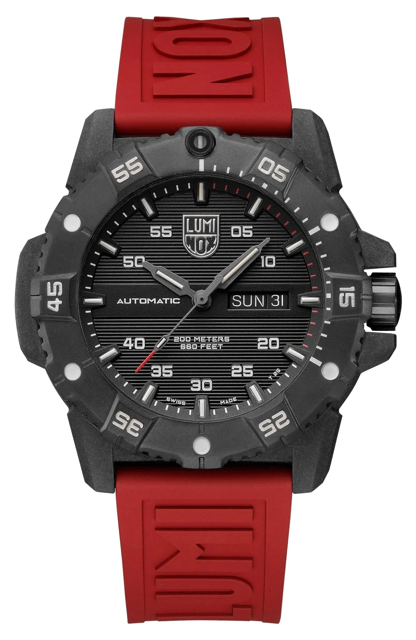 Luminox Master Carbon SEAL Automatic CARBONOX  Black Dial Red Rubber Strap Day/Date Divers Mens Watch XS.3875