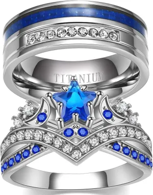 MASHAN Couple Rings Matching Rings His Her Ring Stars and Moon Princess Ring Blue CZ Women's Wedding Ring