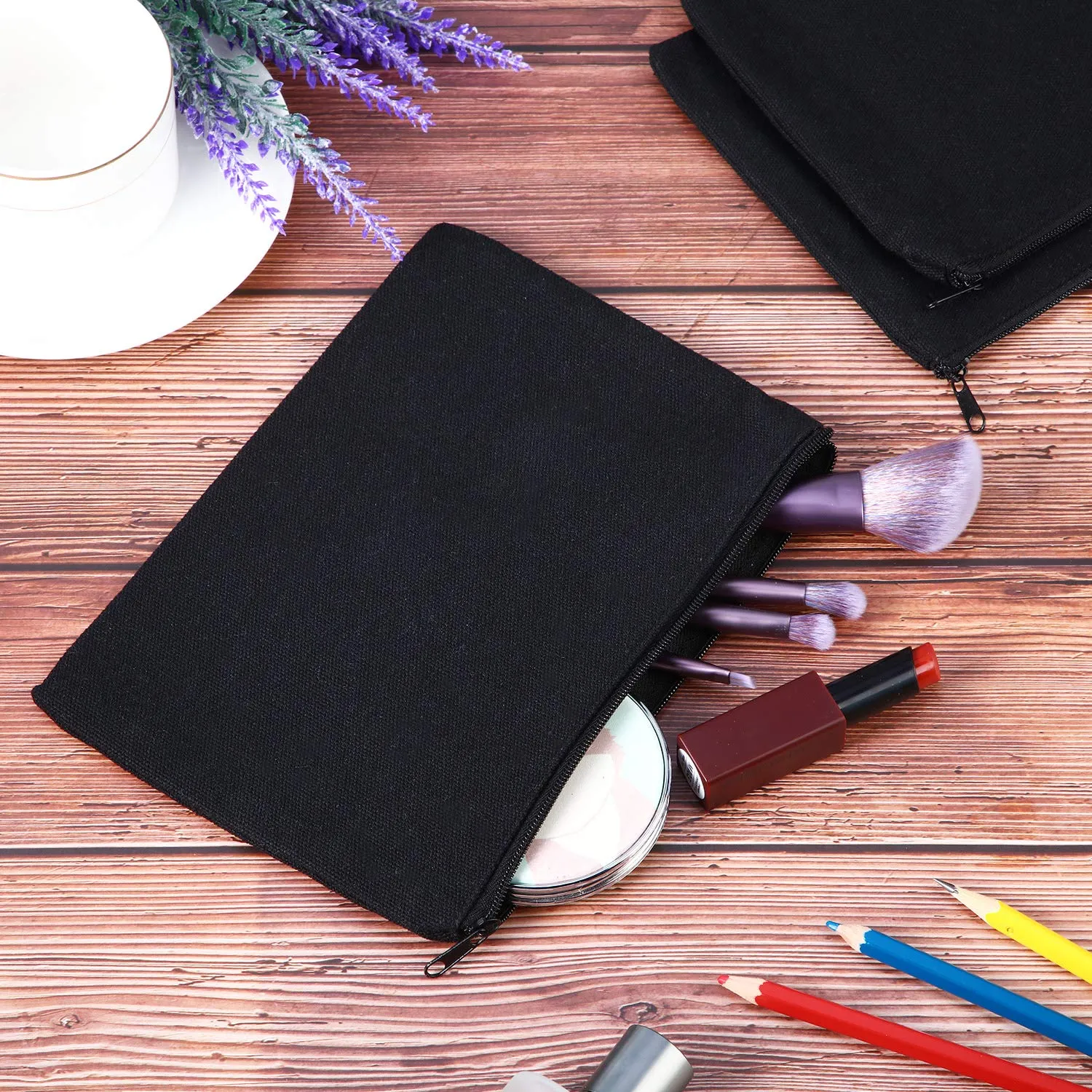 meekoo 16 Pack Canvas Blank Cosmetics Bag Multi-Purpose Zipper Canvas Makeup Pouches Travel Toiletry Pouches Pen Pencil Plain DIY Craft Bag(M,Black)