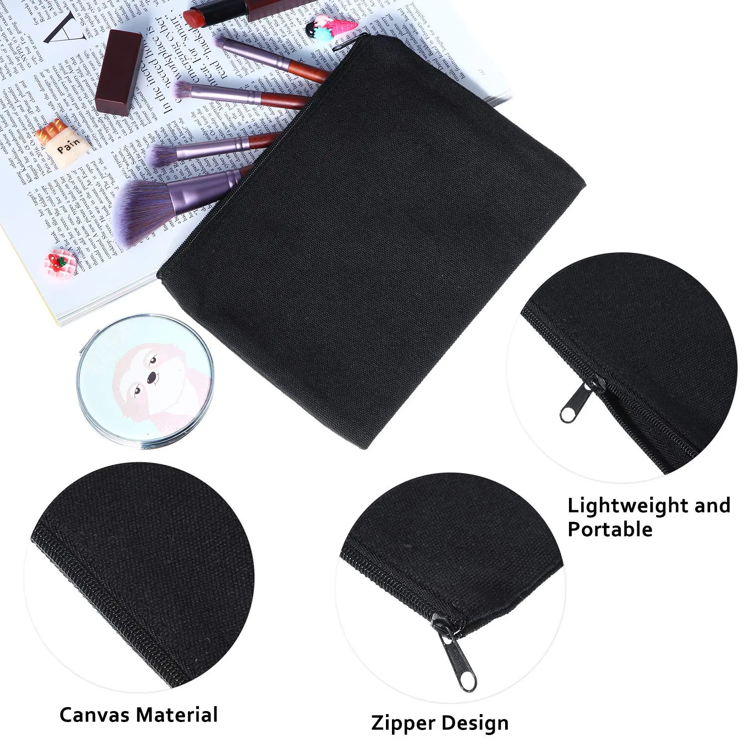 meekoo 16 Pack Canvas Blank Cosmetics Bag Multi-Purpose Zipper Canvas Makeup Pouches Travel Toiletry Pouches Pen Pencil Plain DIY Craft Bag(M,Black)