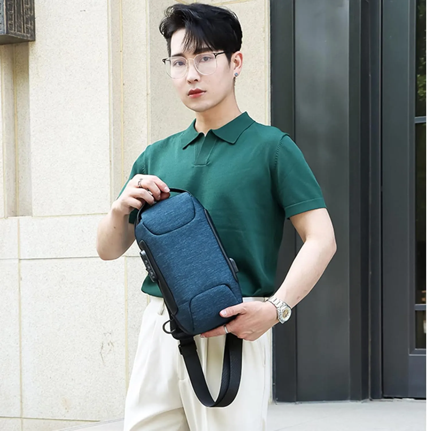 Men's Prevention Of Thieves Password Chest Lock Bag Cloth Sports One Shoulder Messenger Bag Shoulder (Blue, One Size)