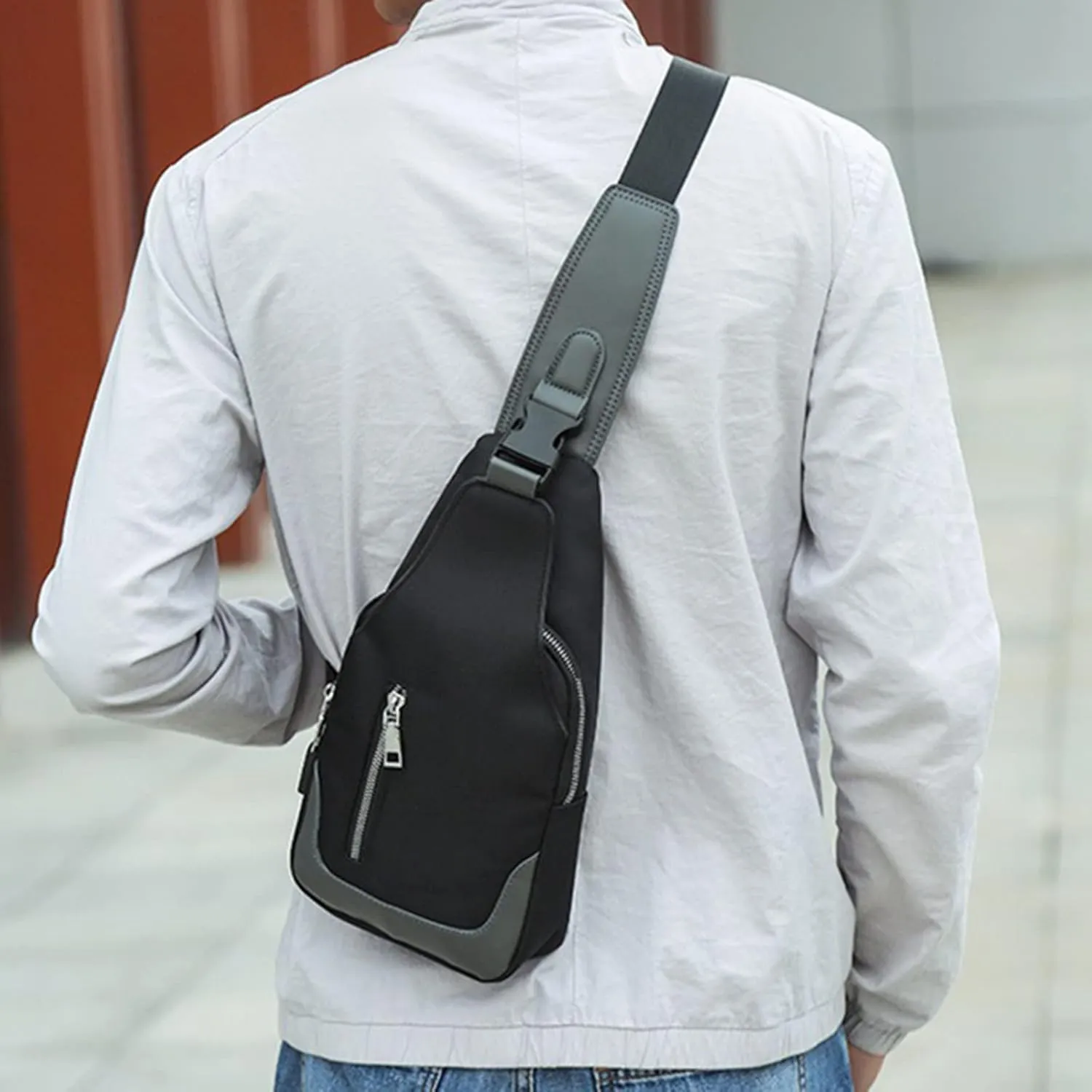Men's Simple Business Crossbody USB Interface Lock Color Cloth Chest Bag Shoulder Bag Men's Shoulder (Black, One Size)