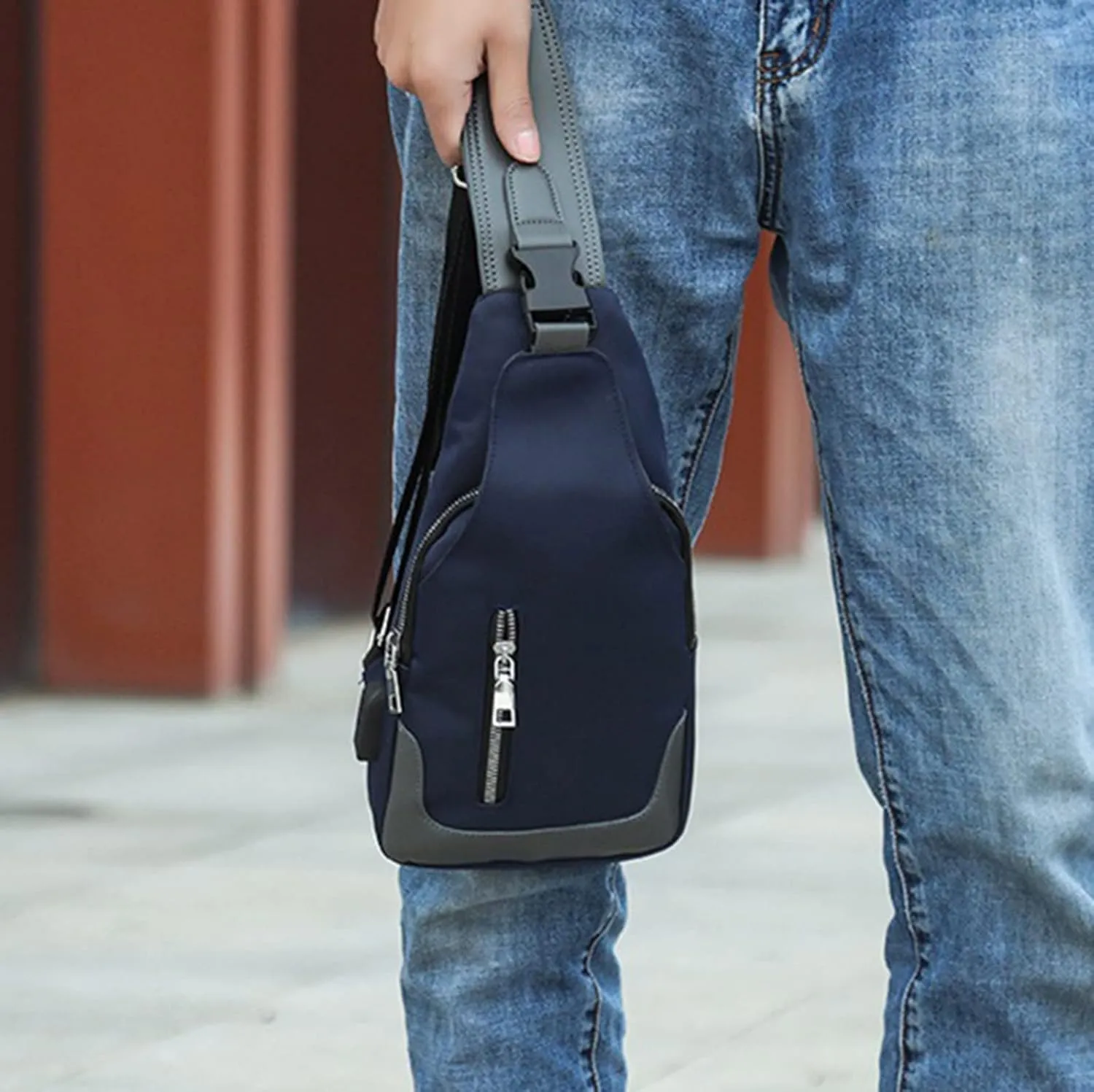 Men's Simple Business Crossbody USB Interface Lock Color Cloth Chest Bag Shoulder Bag Men's Shoulder (Black, One Size)