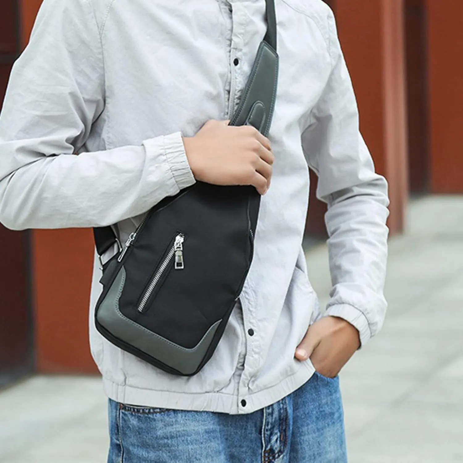 Men's Simple Business Crossbody USB Interface Lock Color Cloth Chest Bag Shoulder Bag Men's Shoulder (Black, One Size)