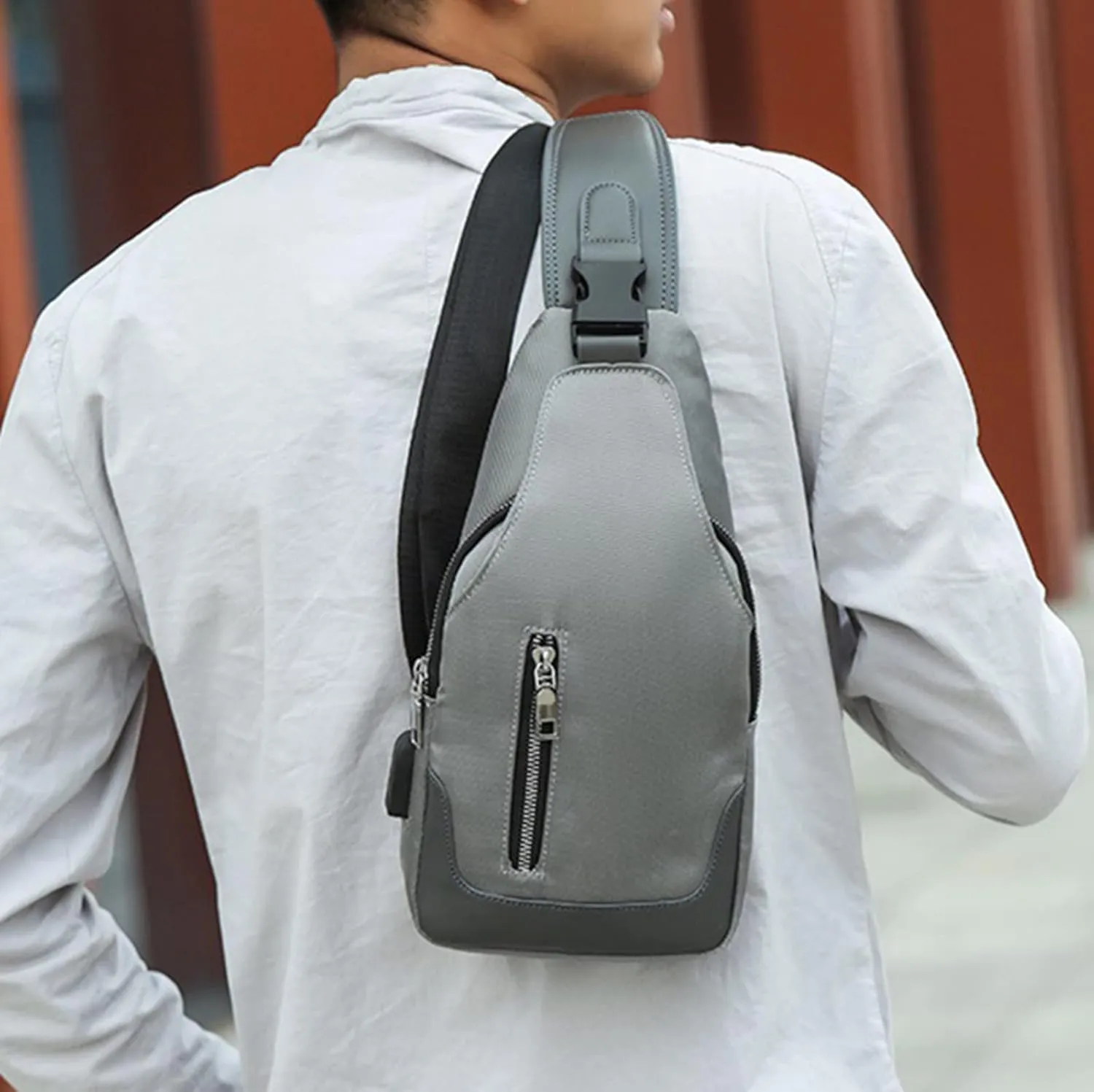 Men's Simple Business Crossbody USB Interface Lock Color Cloth Chest Bag Shoulder Bag Men's Shoulder (Grey, One Size)