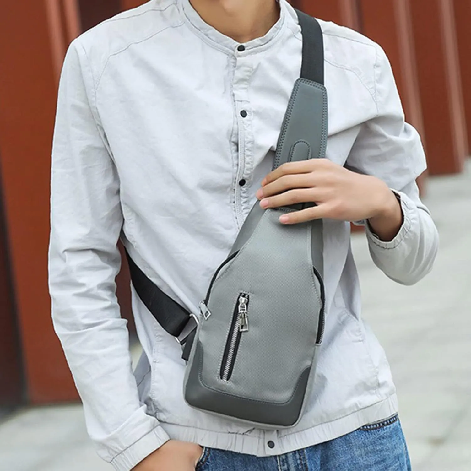 Men's Simple Business Crossbody USB Interface Lock Color Cloth Chest Bag Shoulder Bag Men's Shoulder (Grey, One Size)