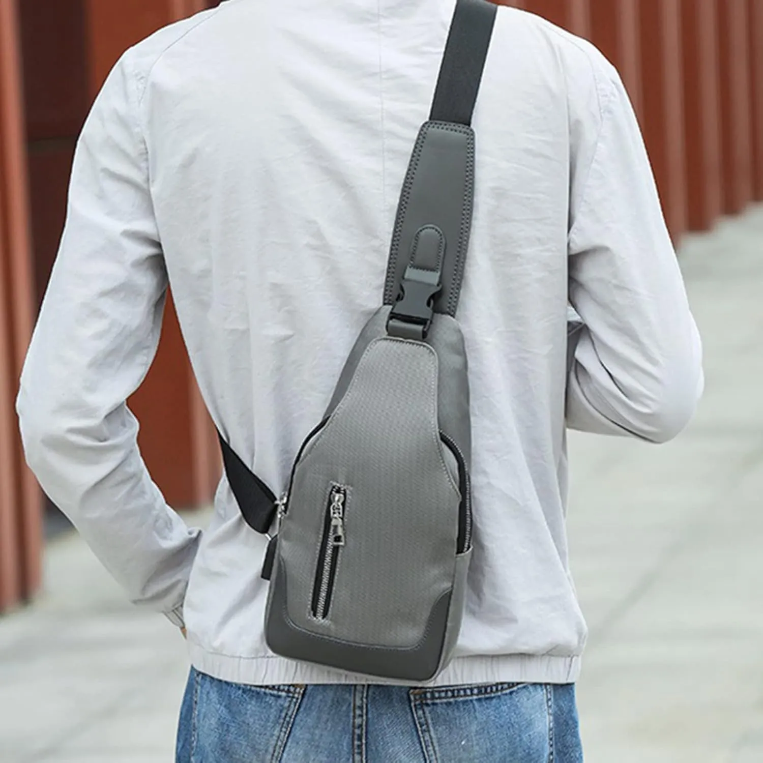 Men's Simple Business Crossbody USB Interface Lock Color Cloth Chest Bag Shoulder Bag Men's Shoulder (Grey, One Size)