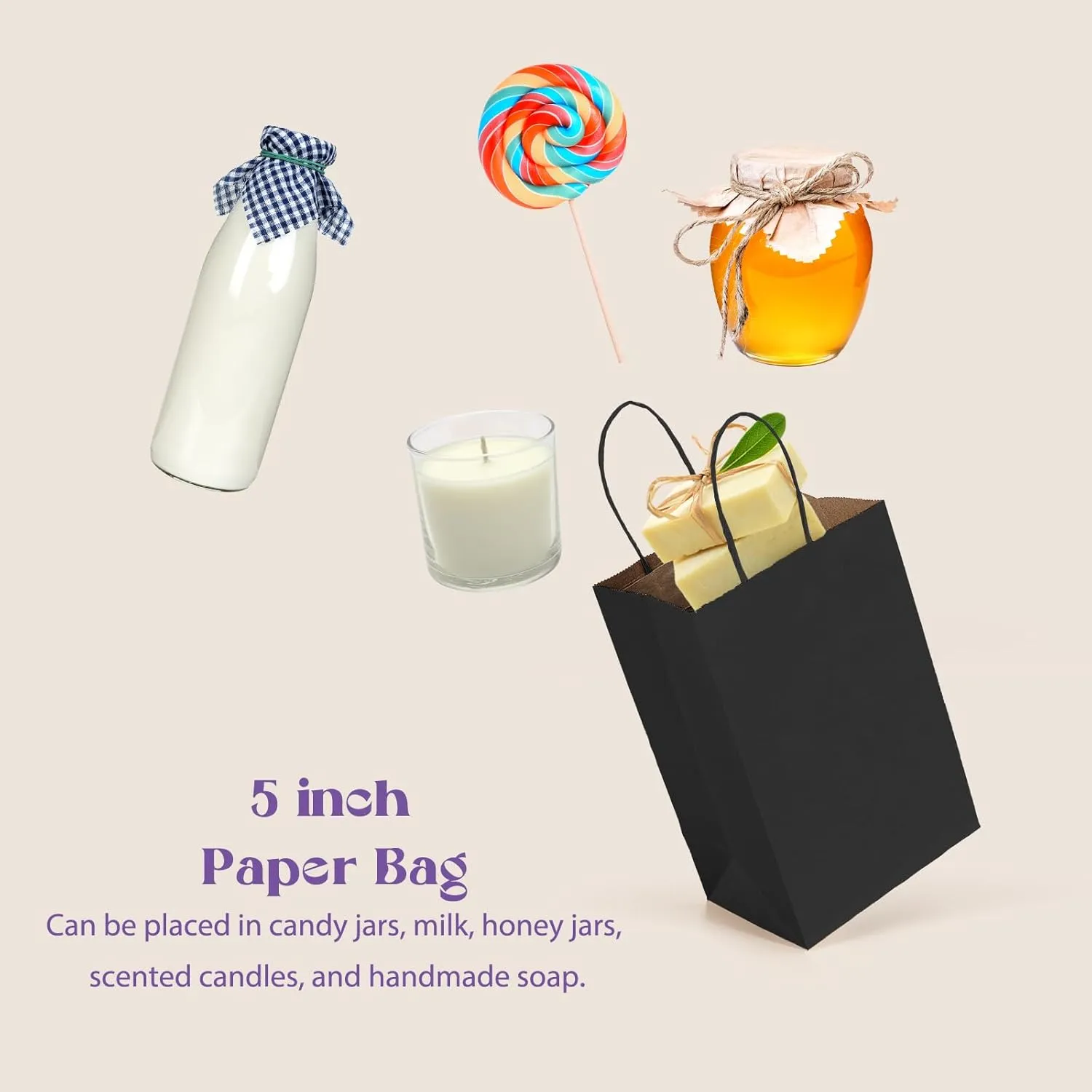 MESHA Black Gift Bags 5.25x3.75x8 Inch 50 Pack Small Black Paper Bags with Handles Bulk for Small Business Birthday Wedding Party Favor
