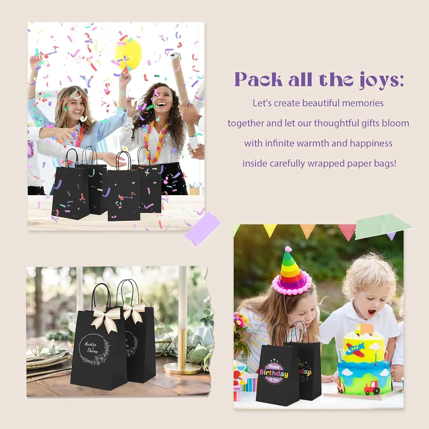 MESHA Black Gift Bags 5.25x3.75x8 Inch Small Kraft Paper Bags with Handles Bulk,100 Pack for Small Business,Wedding Party Favor
