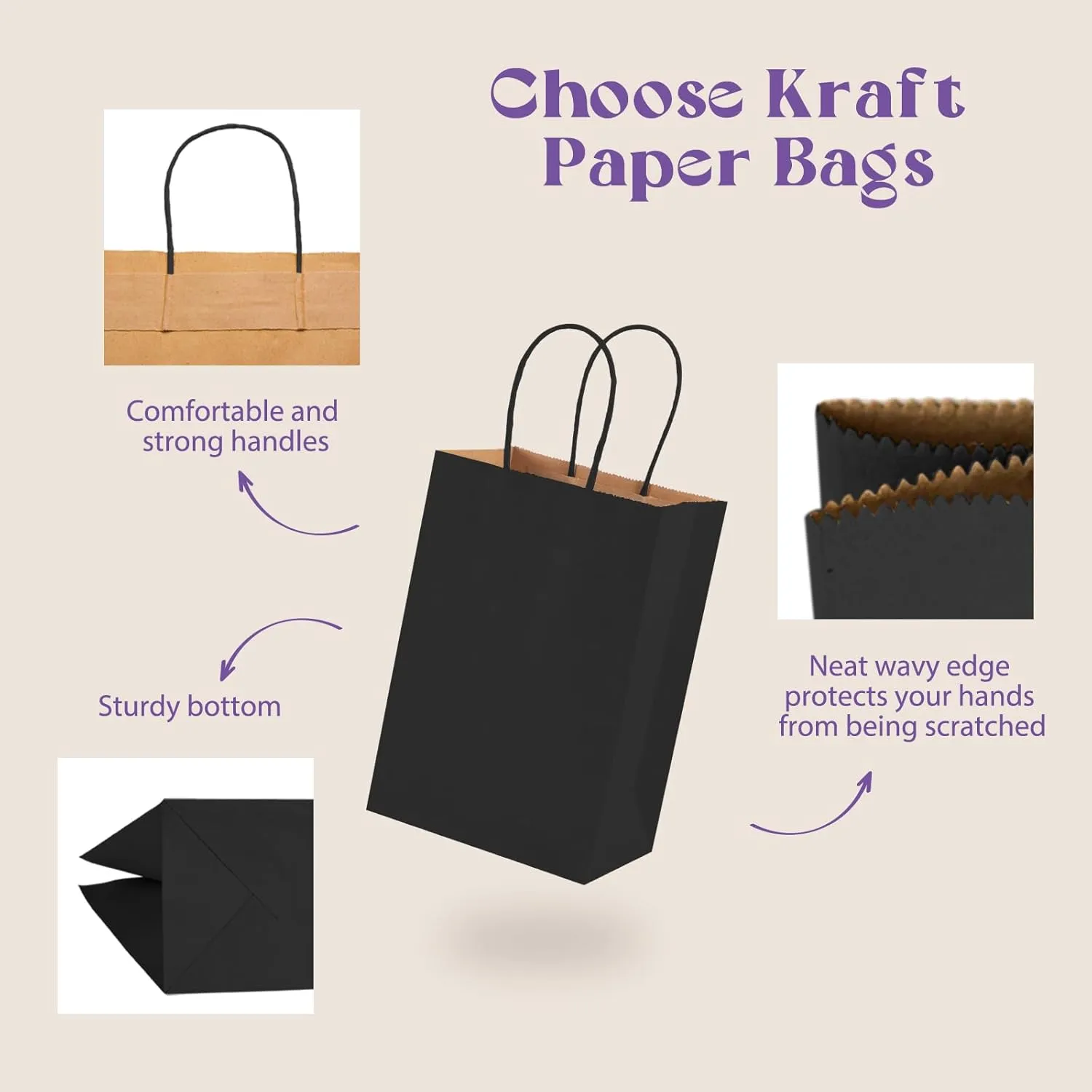 MESHA Black Gift Bags 5.25x3.75x8 Inch Small Kraft Paper Bags with Handles Bulk,100 Pack for Small Business,Wedding Party Favor