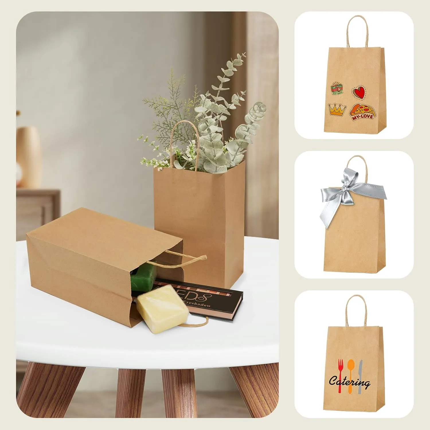 MESHA Brown Paper Bags 5.25x3.75x8 Inch 20 Pack Small Kraft Gift Bags with Handles Bulk, Grocery Shopping, Wedding Party Favor