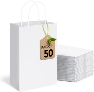 MESHA Paper Gift Bags 5.25x3.75x8 50Pcs White Paper Bags for Small Business,Small Paper Gift Bags with Handles Bulk,Birthday Wedding Party Favor Bags