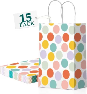 MESHA Polka Dot Gift Bags 15 Pack 5.9X3.1X8.2 Inch Small Paper Bags with Handles bulk for Party Favor Bags Birthday Wedding Mother's Day Colorful Retail Recyclable