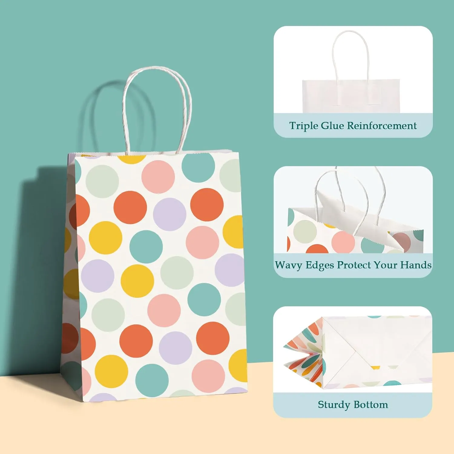 MESHA Polka Dot Gift Bags 15 Pack 5.9X3.1X8.2 Inch Small Paper Bags with Handles bulk for Party Favor Bags Birthday Wedding Mother's Day Colorful Retail Recyclable