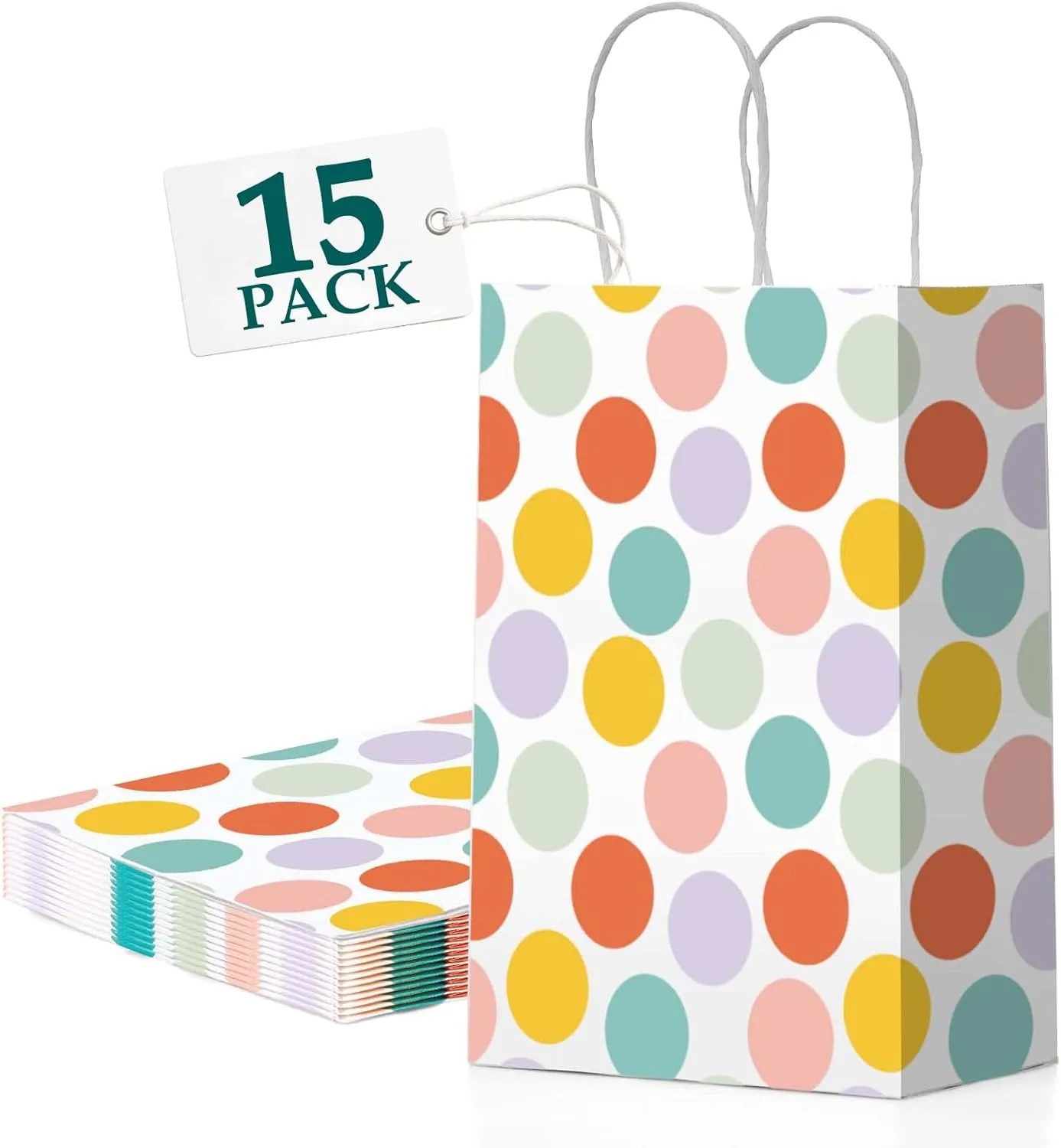 MESHA Polka Dot Gift Bags 15 Pack 5.9X3.1X8.2 Inch Small Paper Bags with Handles bulk for Party Favor Bags Birthday Wedding Mother's Day Colorful Retail Recyclable
