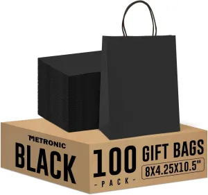 METRONIC 100 Pack Gift Bags Medium 8x4.75x10.5 Inches Black Paper Bags, Kraft Shopping Bag with Handles Small Business, Boutique, Gift Wrap, Bulk