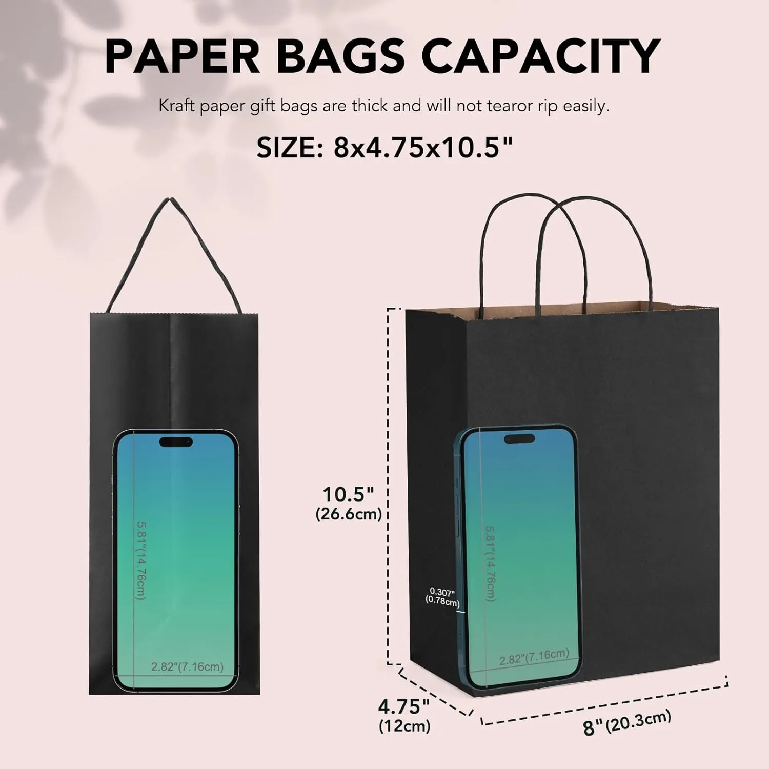 METRONIC 100 Pack Gift Bags Medium 8x4.75x10.5 Inches Black Paper Bags, Kraft Shopping Bag with Handles Small Business, Boutique, Gift Wrap, Bulk