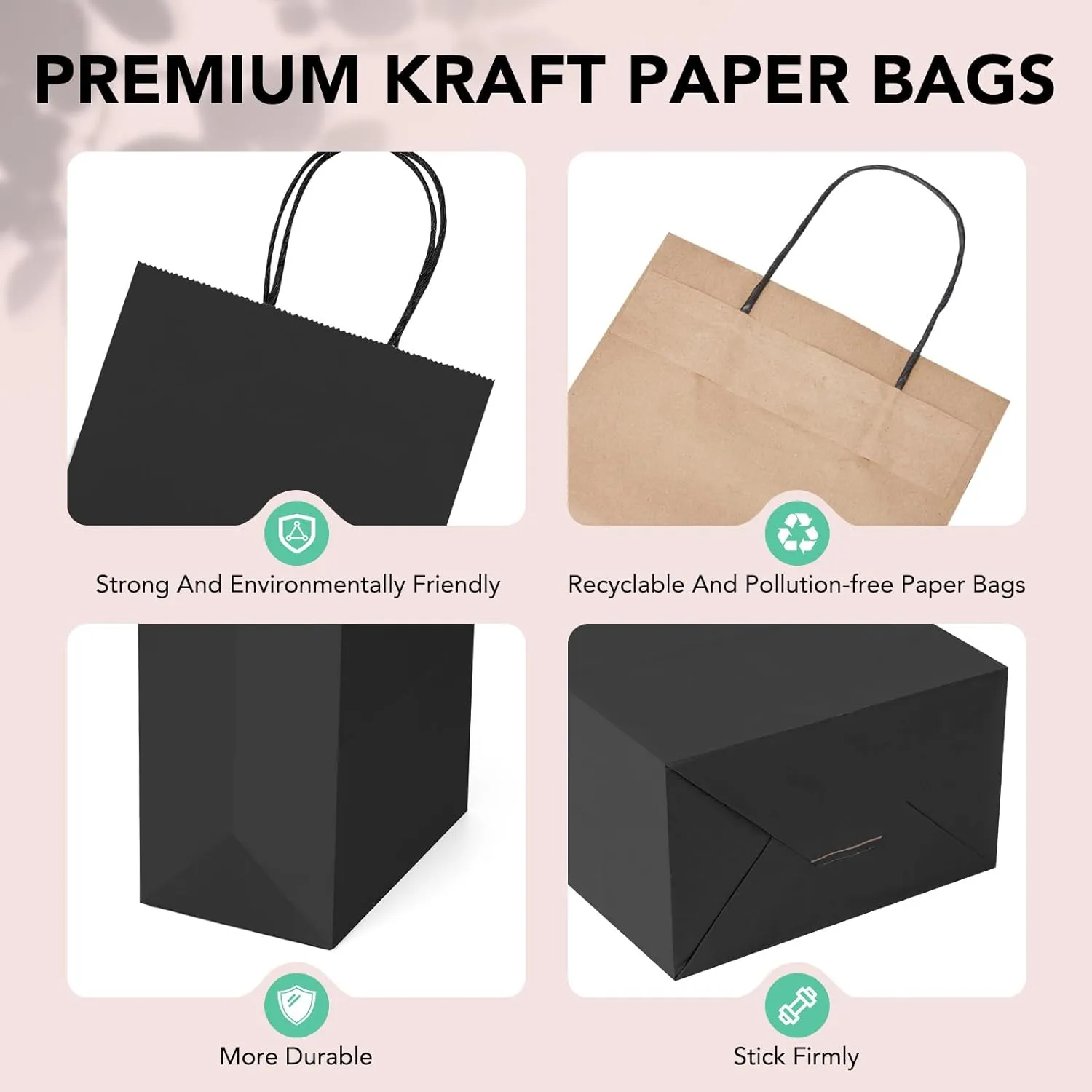 METRONIC 100 Pack Gift Bags Medium 8x4.75x10.5 Inches Black Paper Bags, Kraft Shopping Bag with Handles Small Business, Boutique, Gift Wrap, Bulk