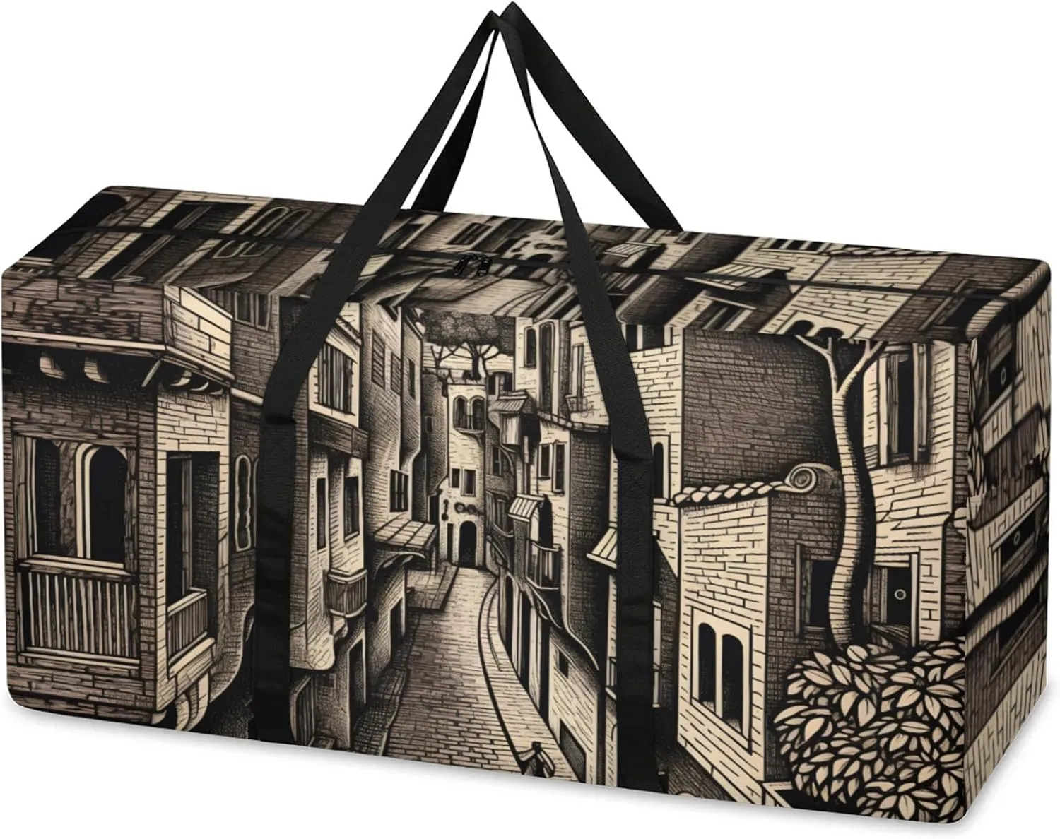 Modern City Extra Large Moving Bags Heavy Duty Storage Bags Fantastic City Cloth Wrap Around Handles Double Zipper Reusable Convenient Foldable Storage Tote for Travel Camping Space Save